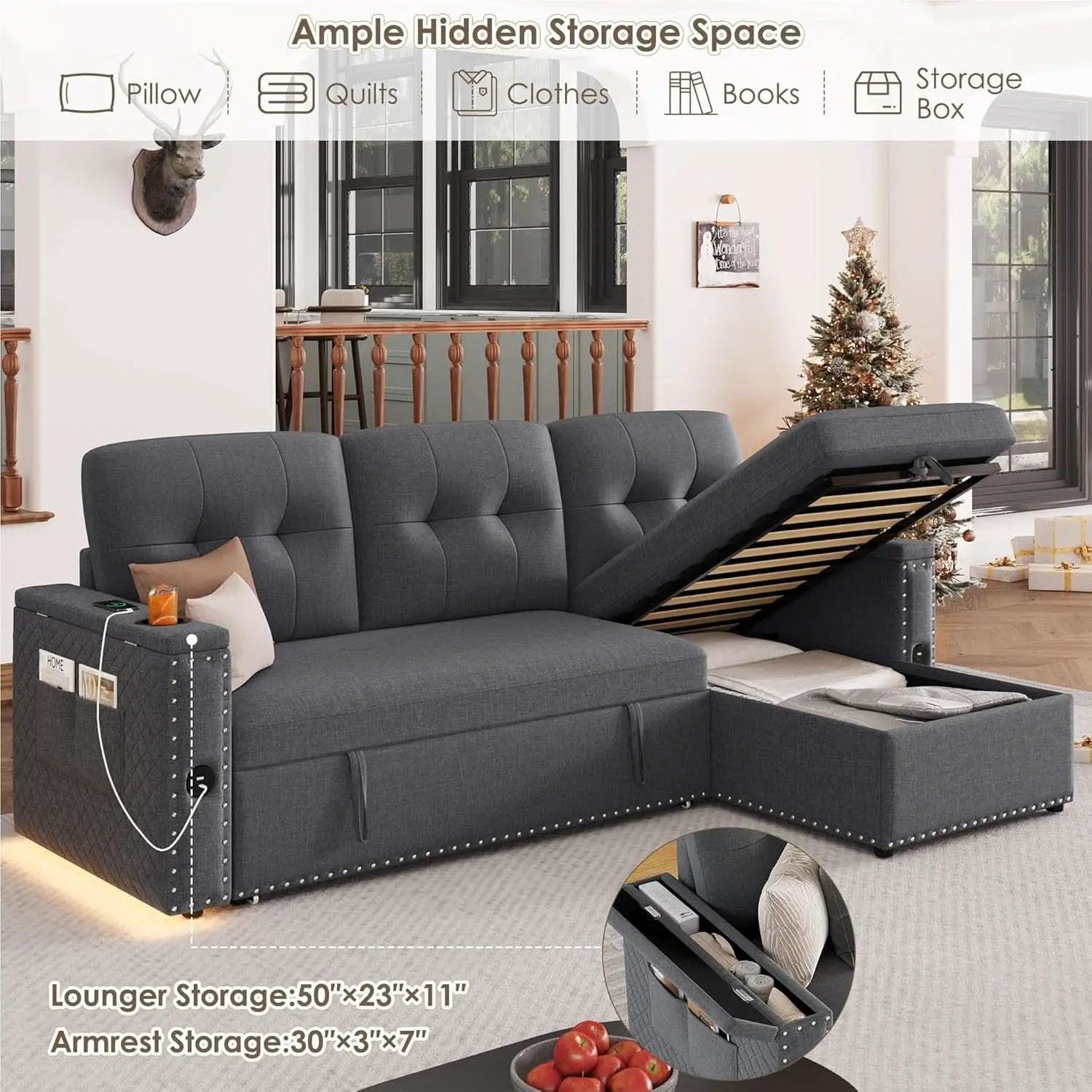 L Shaped Sleeper Sofa Bed with Storage and USB Port from PriceLows™