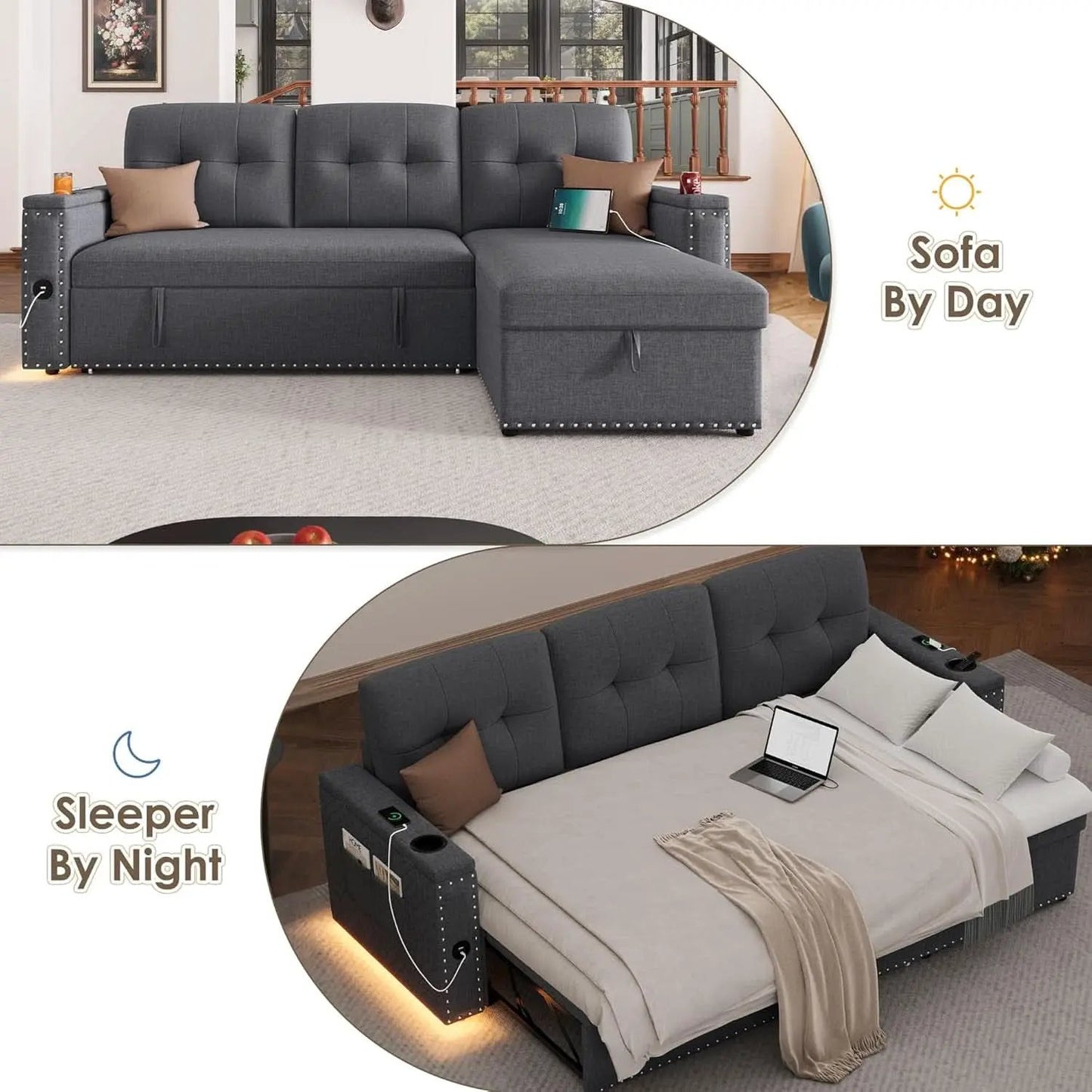 L Shaped Sleeper Sofa Bed with Storage and USB Port from PriceLows™