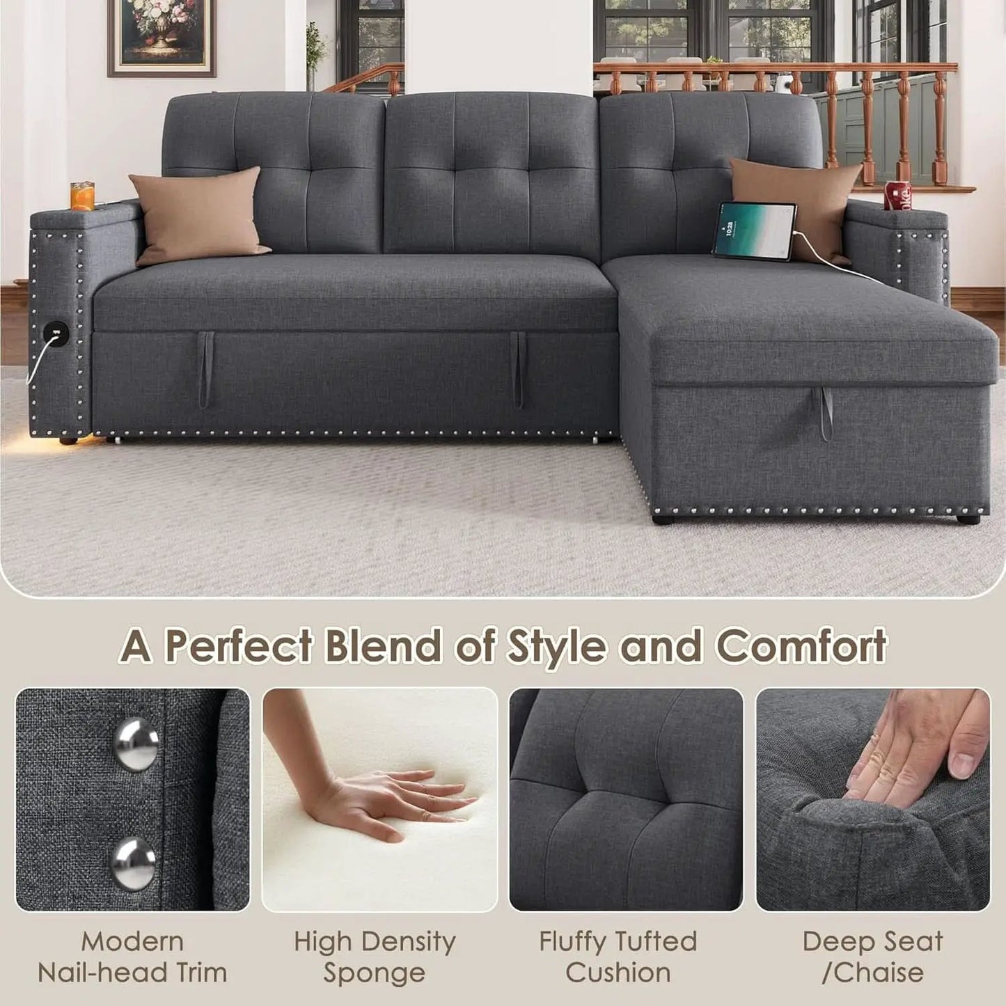 L Shaped Sleeper Sofa Bed with Storage and USB Port from PriceLows™