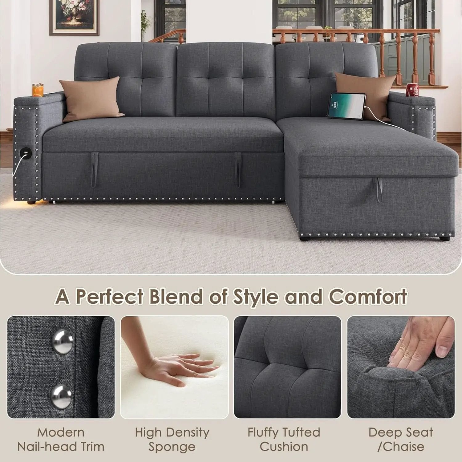 L Shaped Sleeper Sofa Bed with Storage and USB Port from PriceLows™
