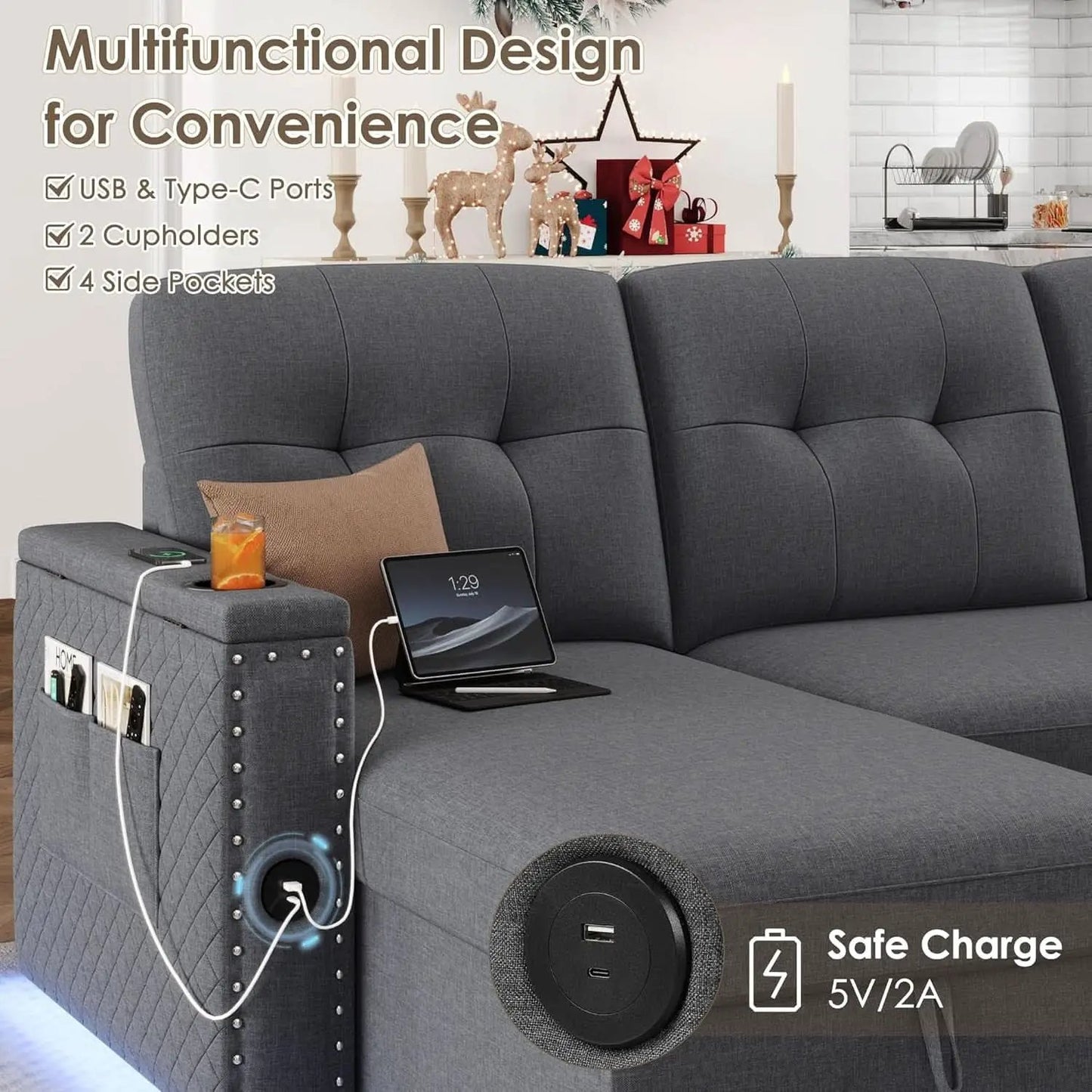 L Shaped Sleeper Sofa Bed with Storage and USB Port from PriceLows™