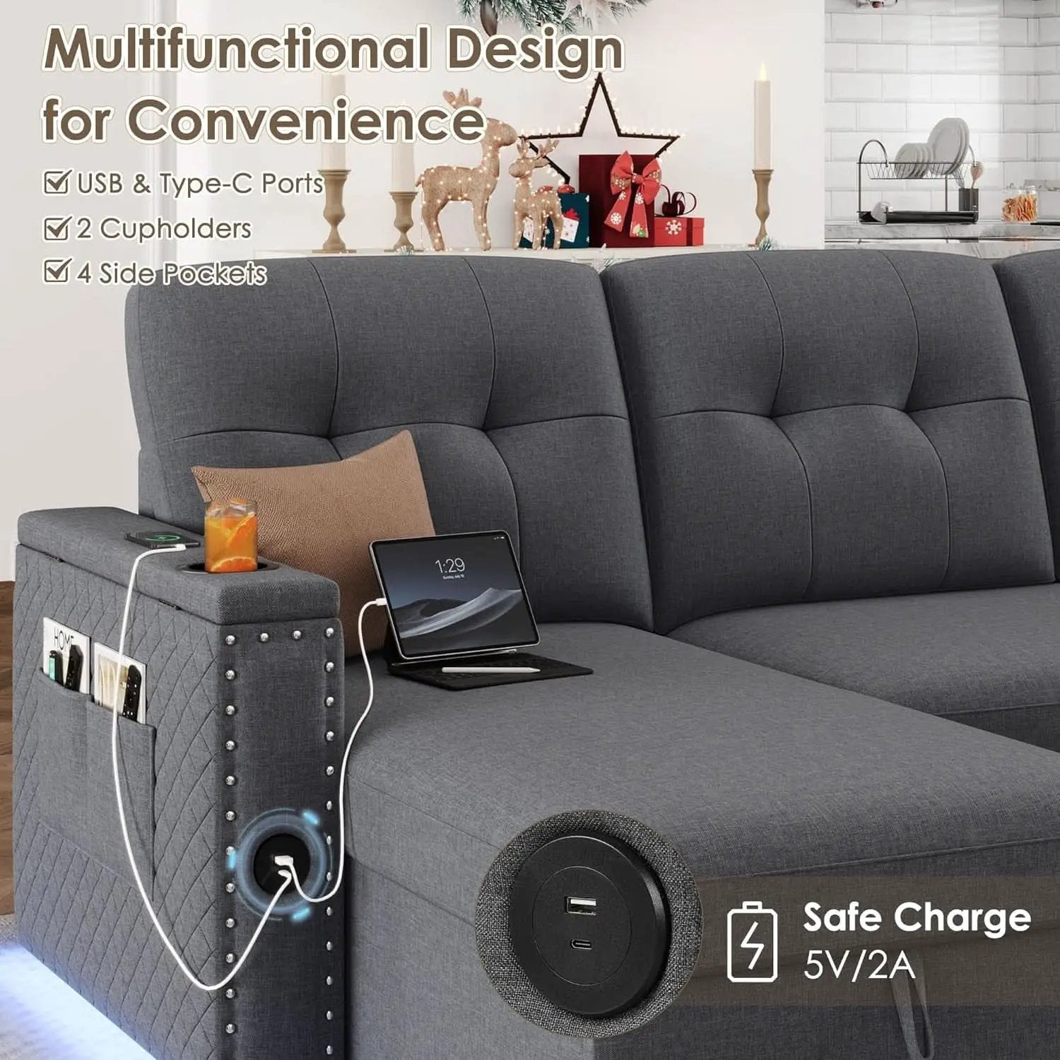 L Shaped Sleeper Sofa Bed with Storage and USB Port from PriceLows™