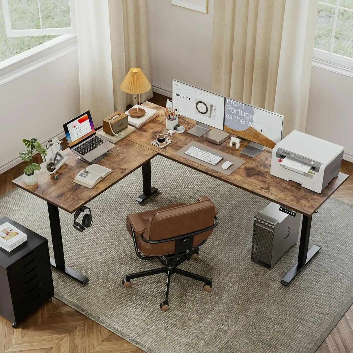 L Shaped Electric Standing Desk 75x61 Sit Stand Brown from PriceLows™