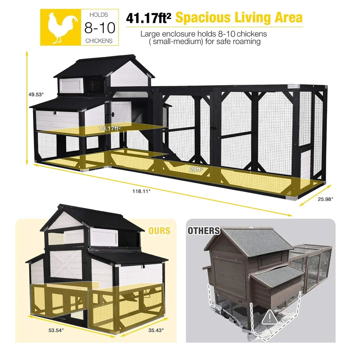 Large 118-Inch Outdoor Wooden Chicken Coop With Extended Run And 6 Nesting Boxes | 118 Inch | Wood | Outdoor Living