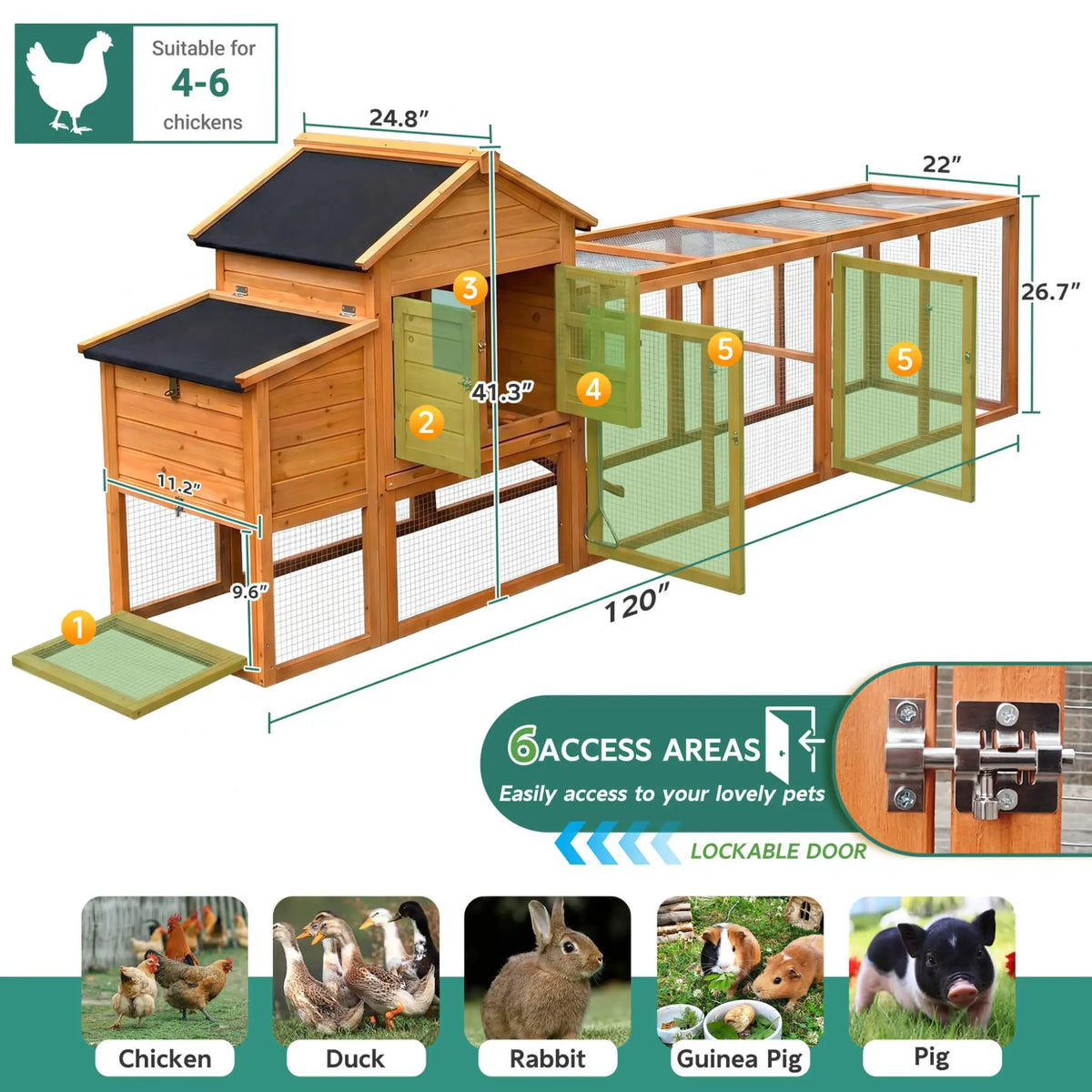 Large Chicken Coop With Run | 122 Inch | Nest Box And Removable Tray | Fits 4 To 6 Hens