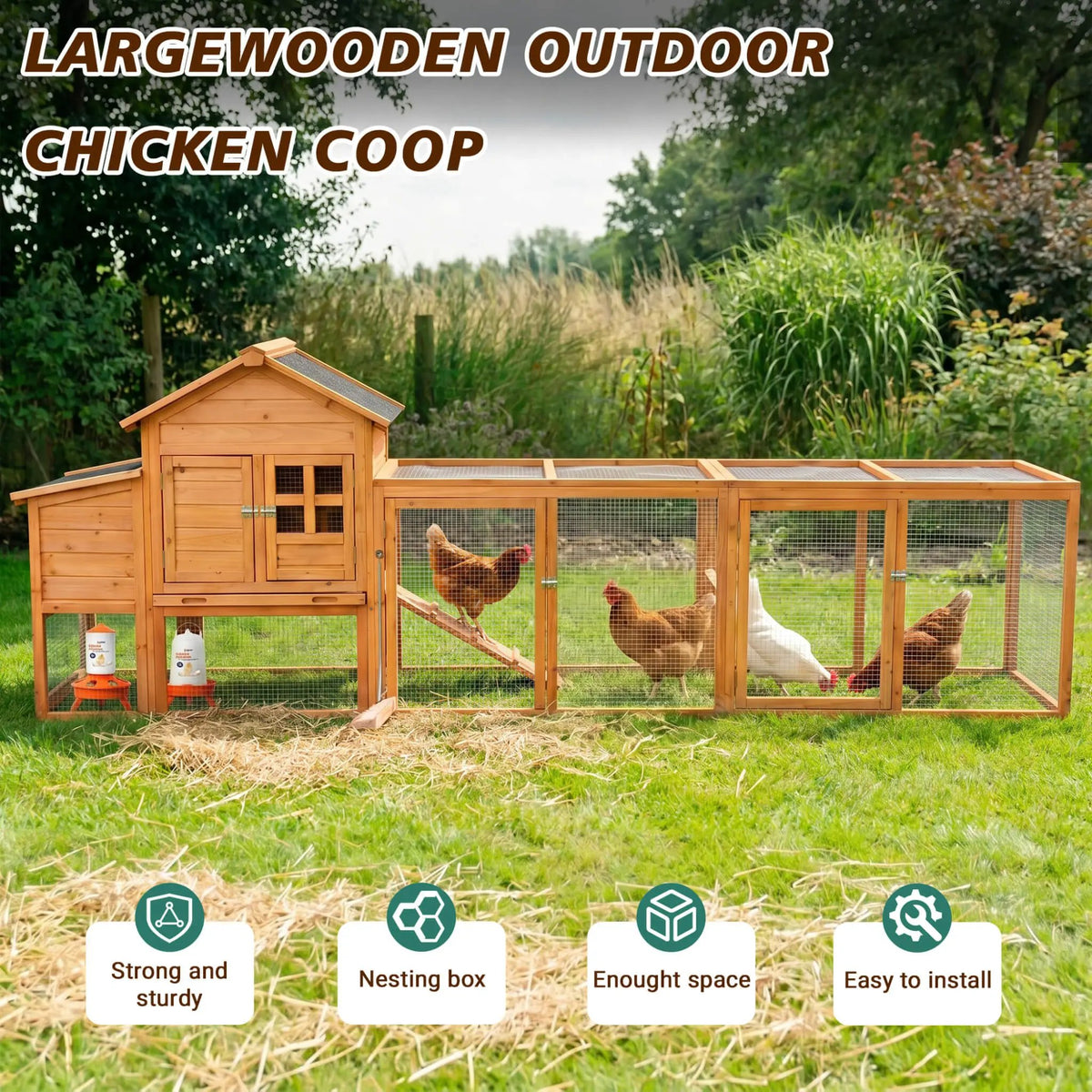 Large Chicken Coop With Run | 122 Inch | Nest Box And Removable Tray | Fits 4 To 6 Hens