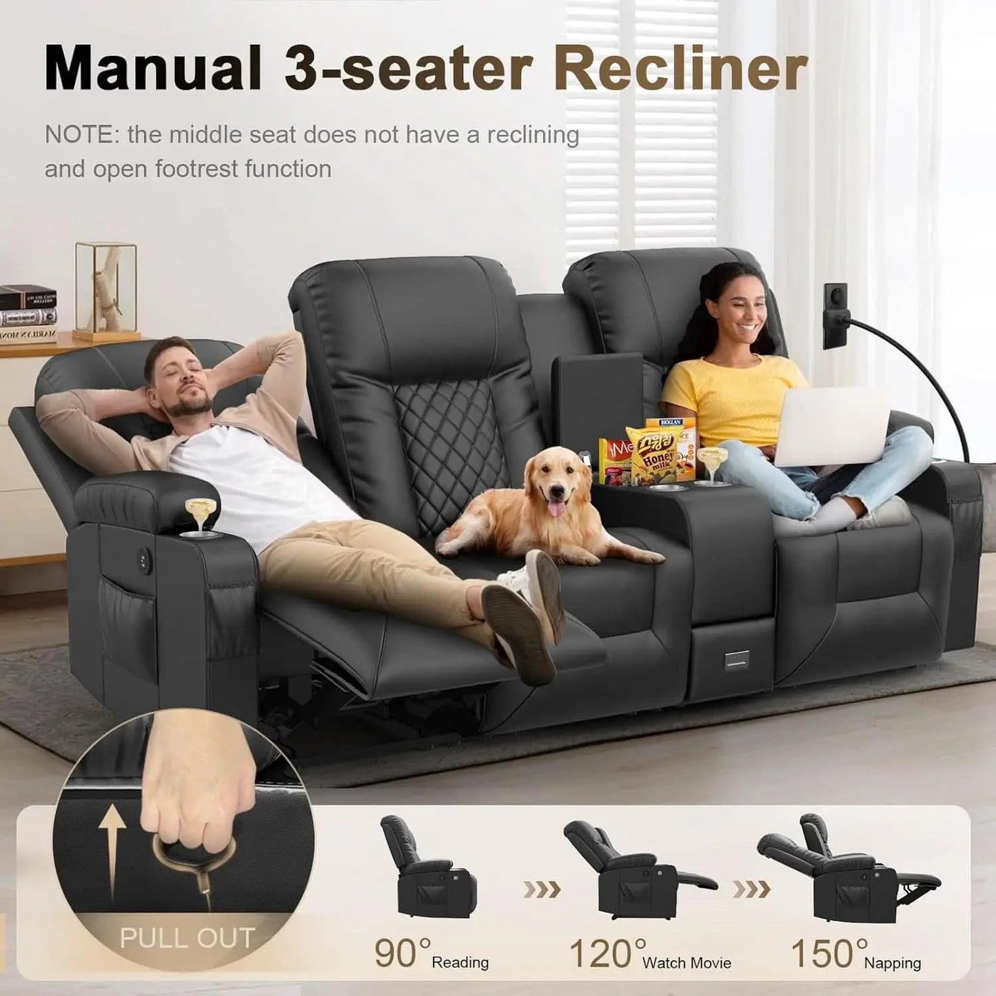 Large 3 Seat Recliner Sofa with USB Ports from PriceLows™