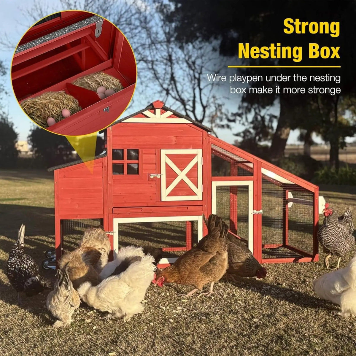 Large 73-Inch Portable Chicken Coop With Wheels And Nesting Box | 73 Inch | Wood | Home