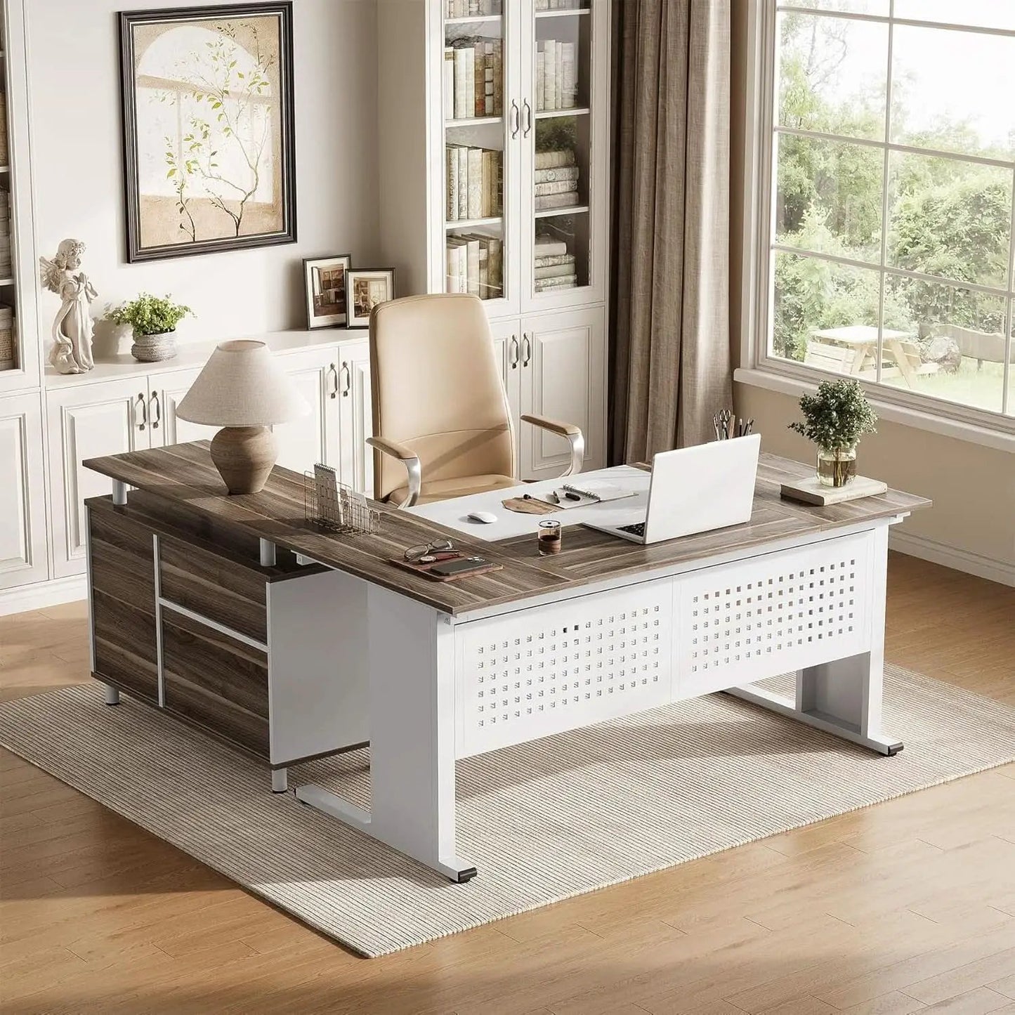 63 Inch L Shaped Computer Desk With File Cabinet For Home Office from PriceLows™