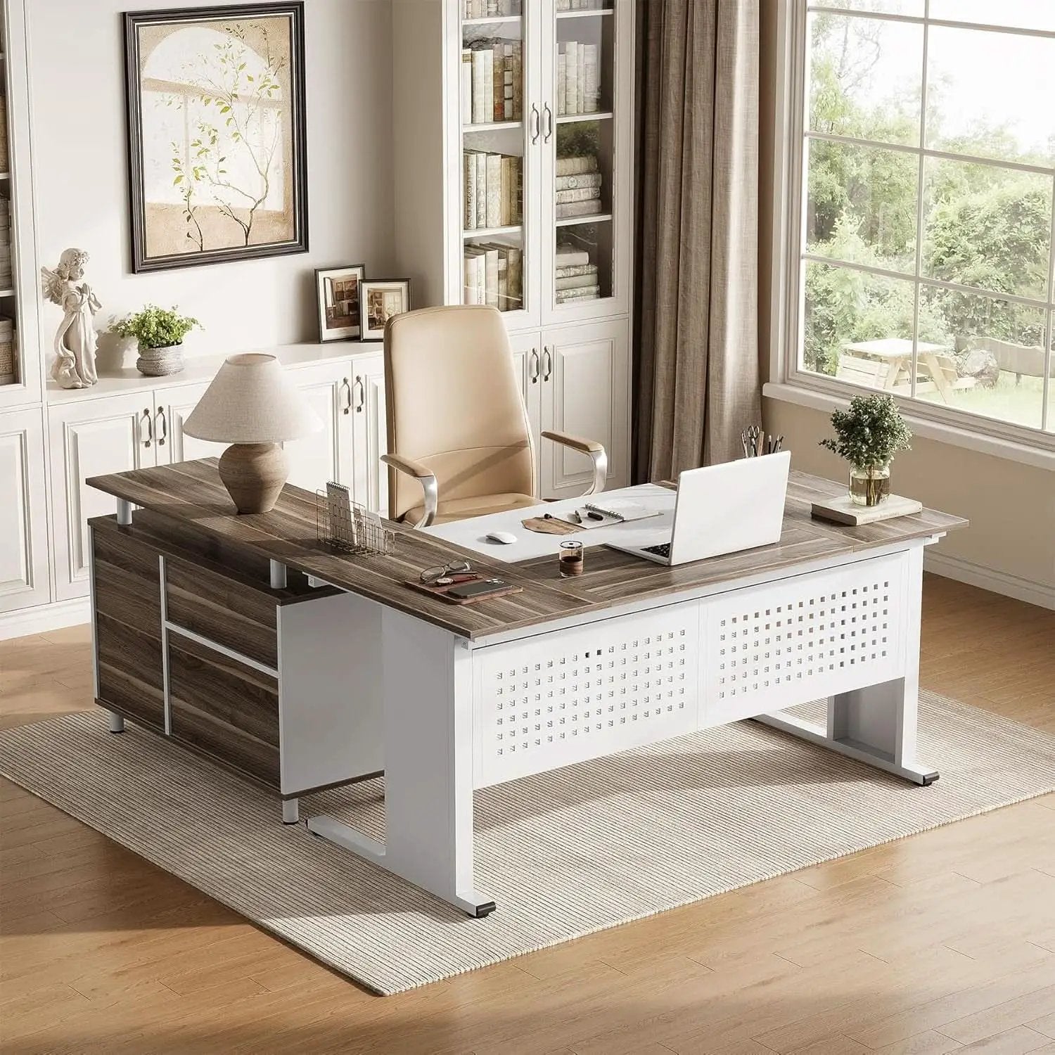 63 Inch L Shaped Computer Desk With File Cabinet For Home Office from PriceLows™