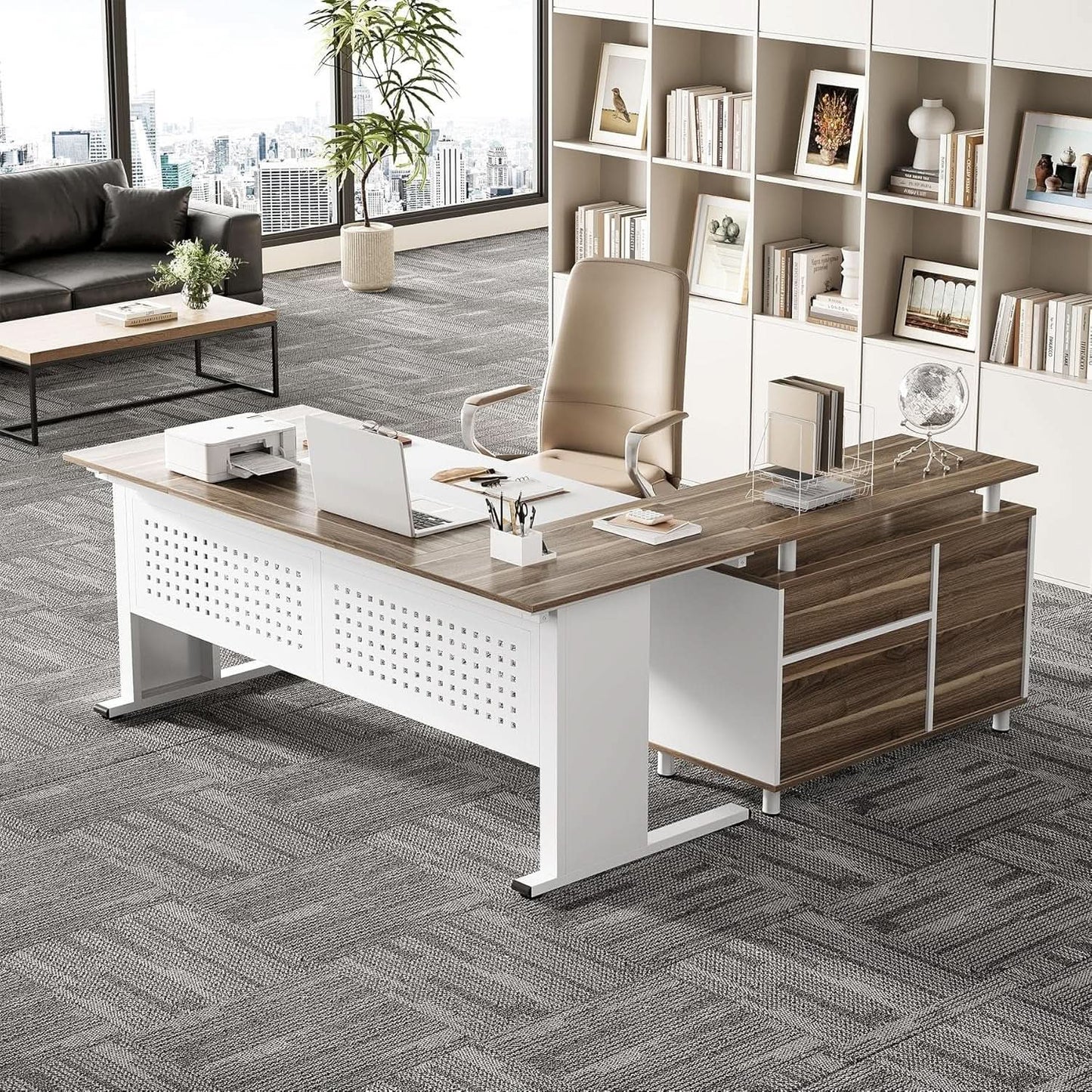 63 Inch L Shaped Computer Desk With File Cabinet For Home Office from PriceLows™