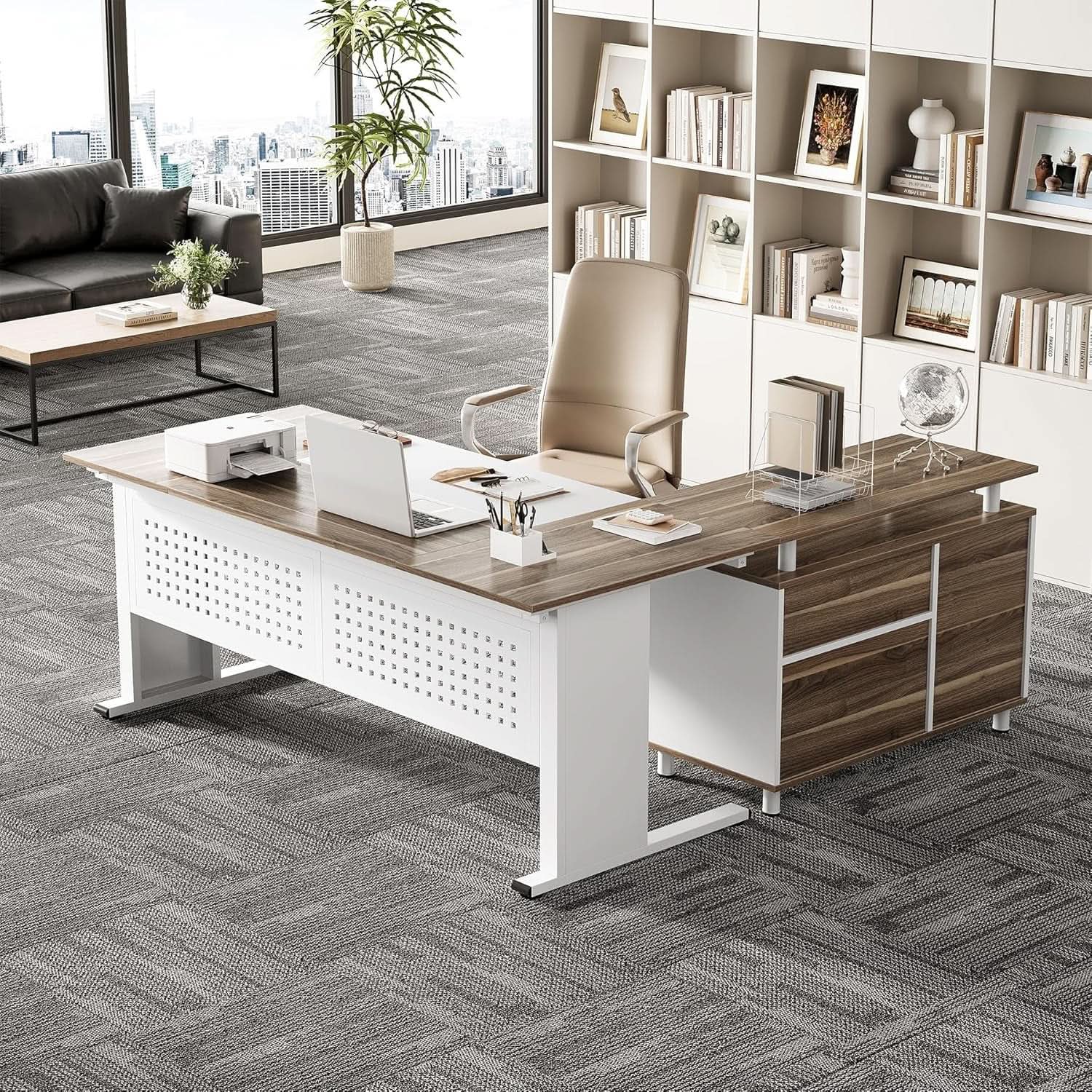 63 Inch L Shaped Computer Desk With File Cabinet For Home Office from PriceLows™