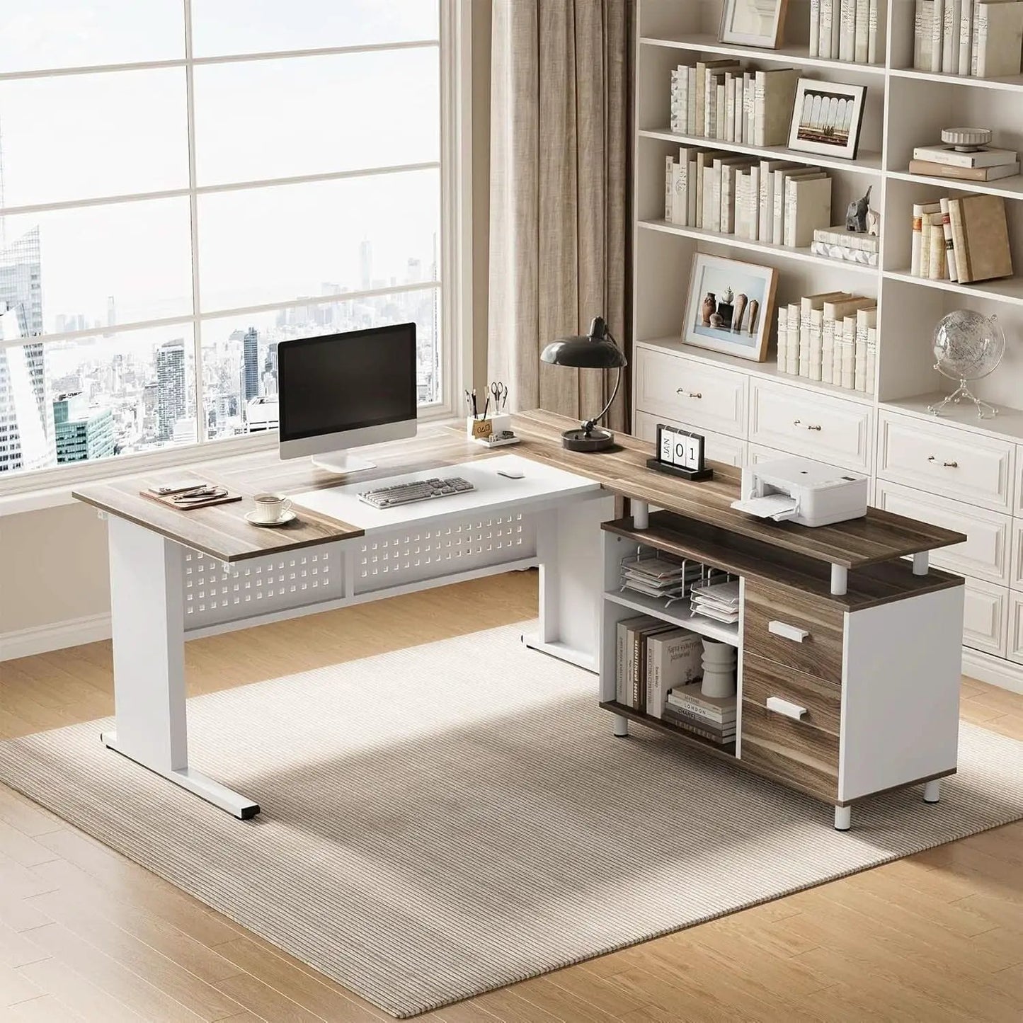 63 Inch L Shaped Computer Desk With File Cabinet For Home Office from PriceLows™