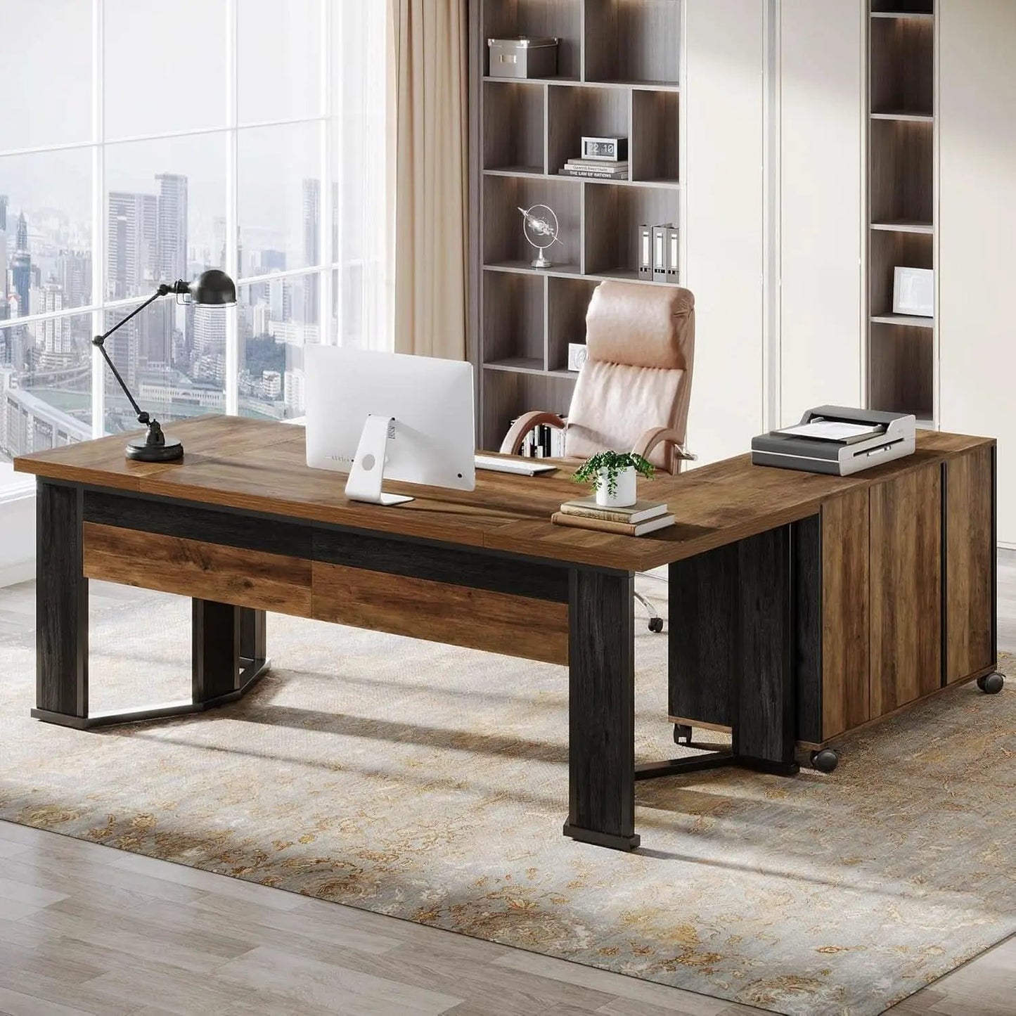 Large L Shaped Executive Desk with Mobile File Cabinet from PriceLows™