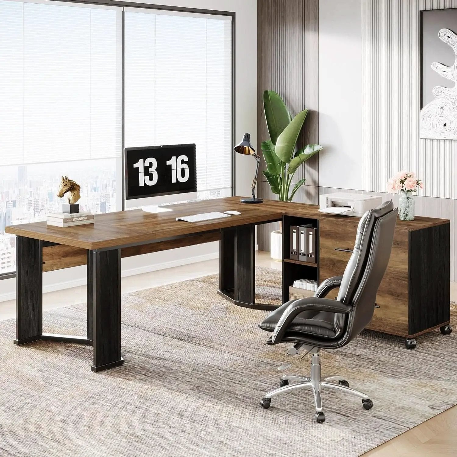 Large L Shaped Executive Desk with Mobile File Cabinet from PriceLows™
