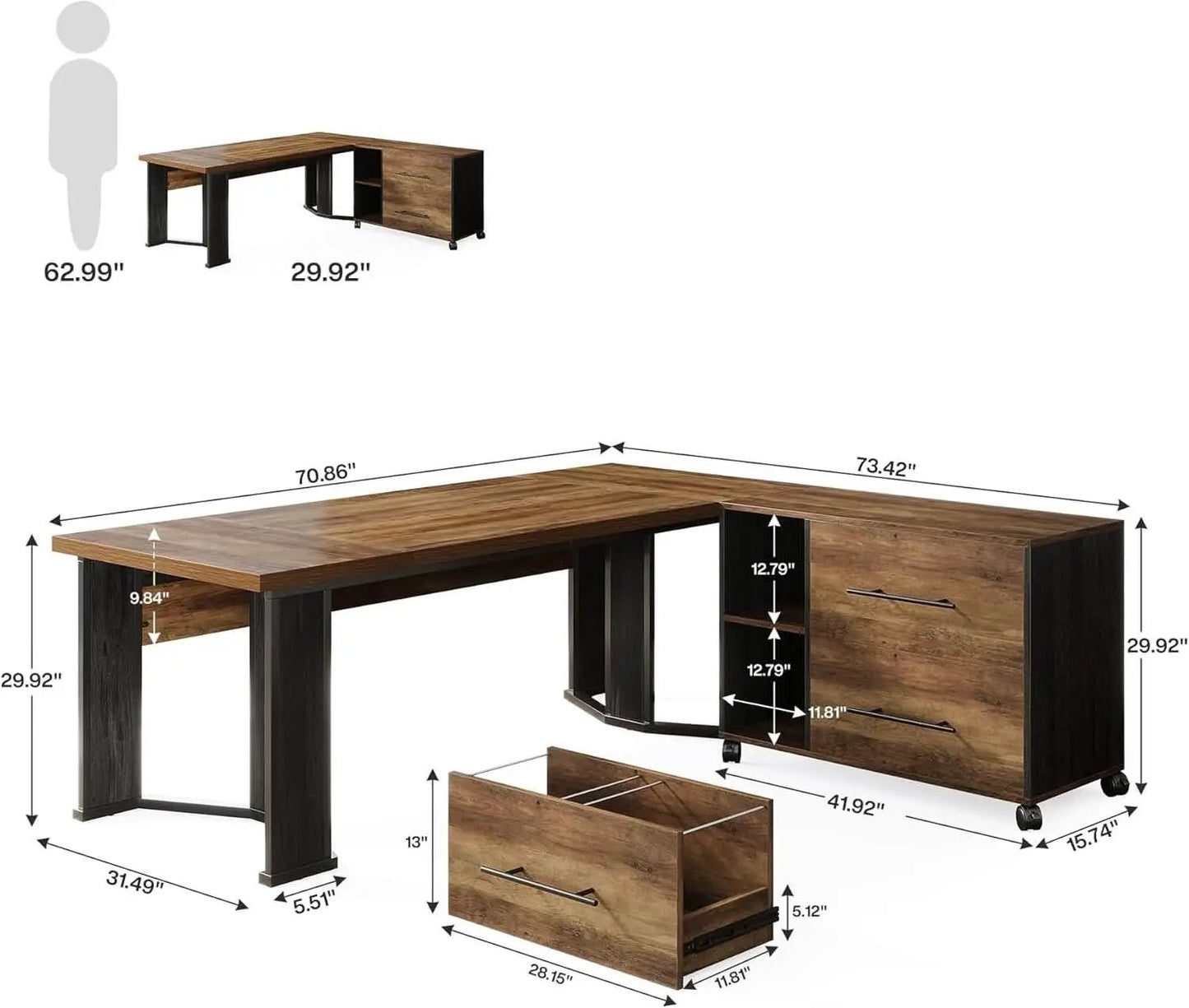 Large L Shaped Executive Desk with Mobile File Cabinet from PriceLows™