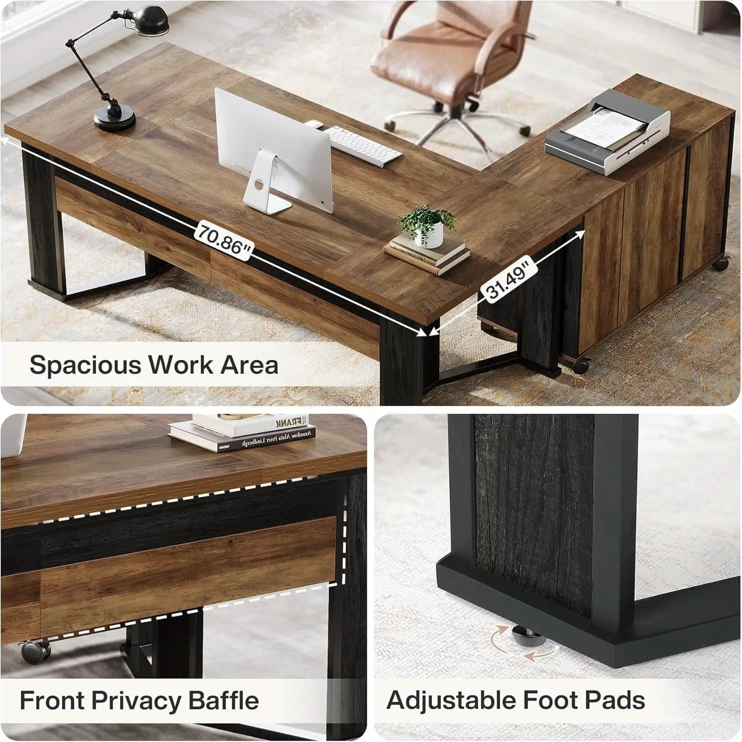 Large L Shaped Executive Desk with Mobile File Cabinet from PriceLows™