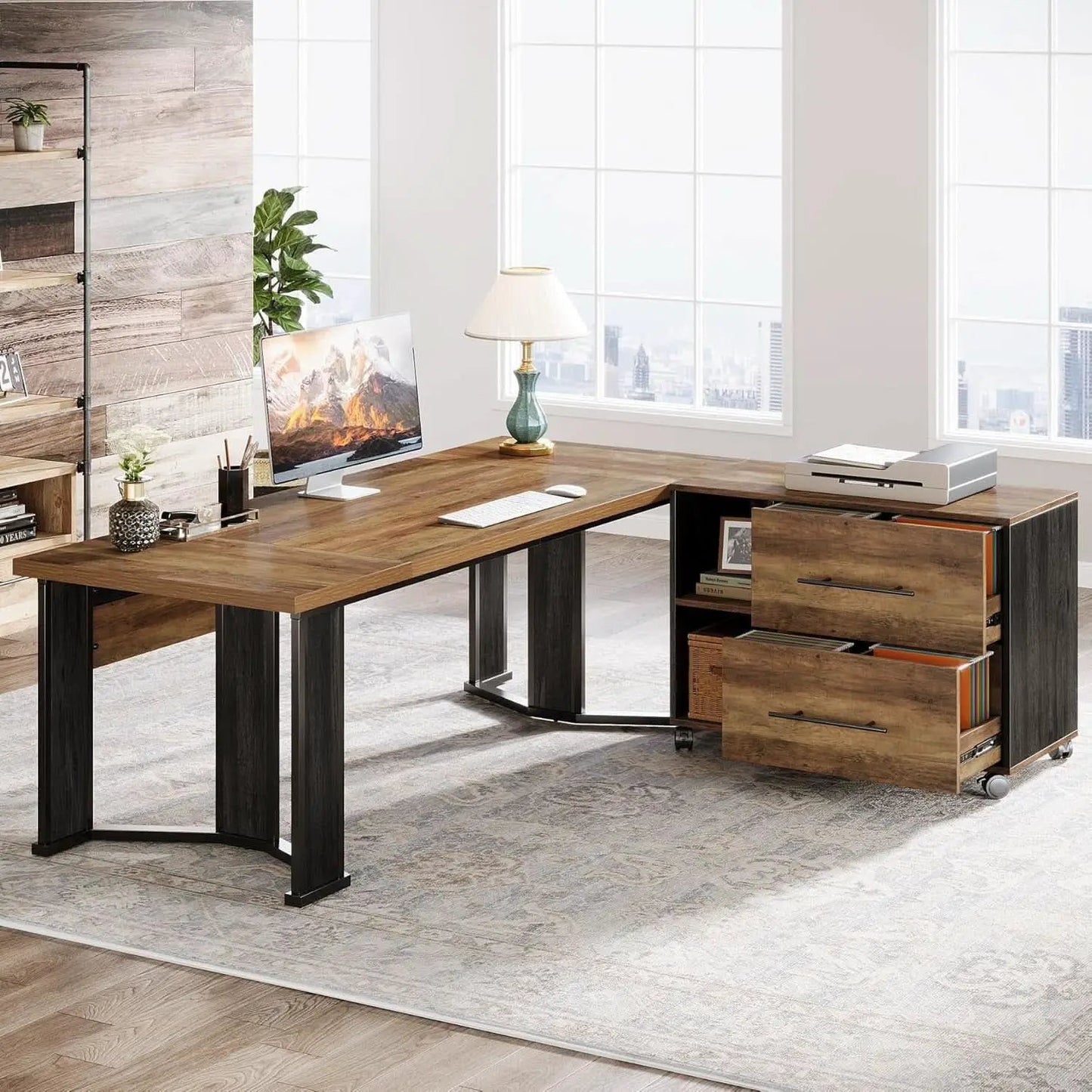 Large L Shaped Executive Desk with Mobile File Cabinet from PriceLows™