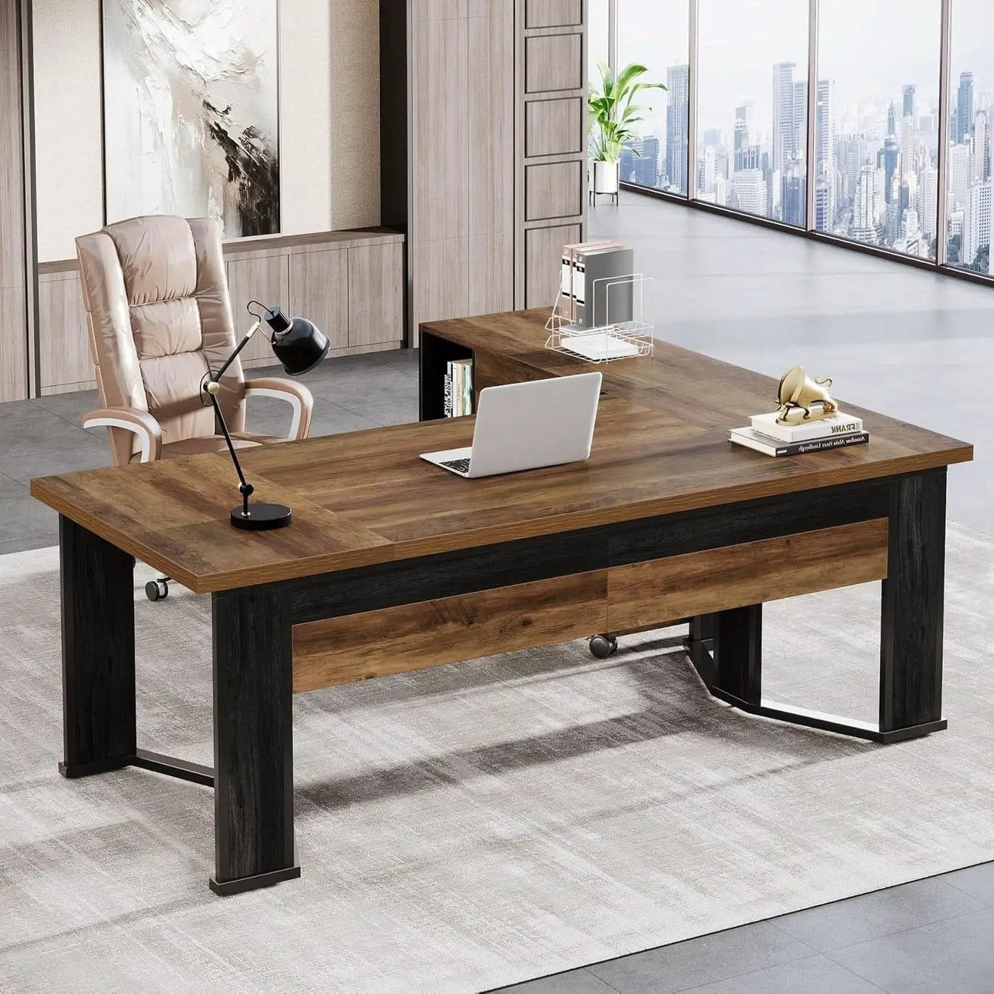 Large L Shaped Executive Desk with Mobile File Cabinet from PriceLows™