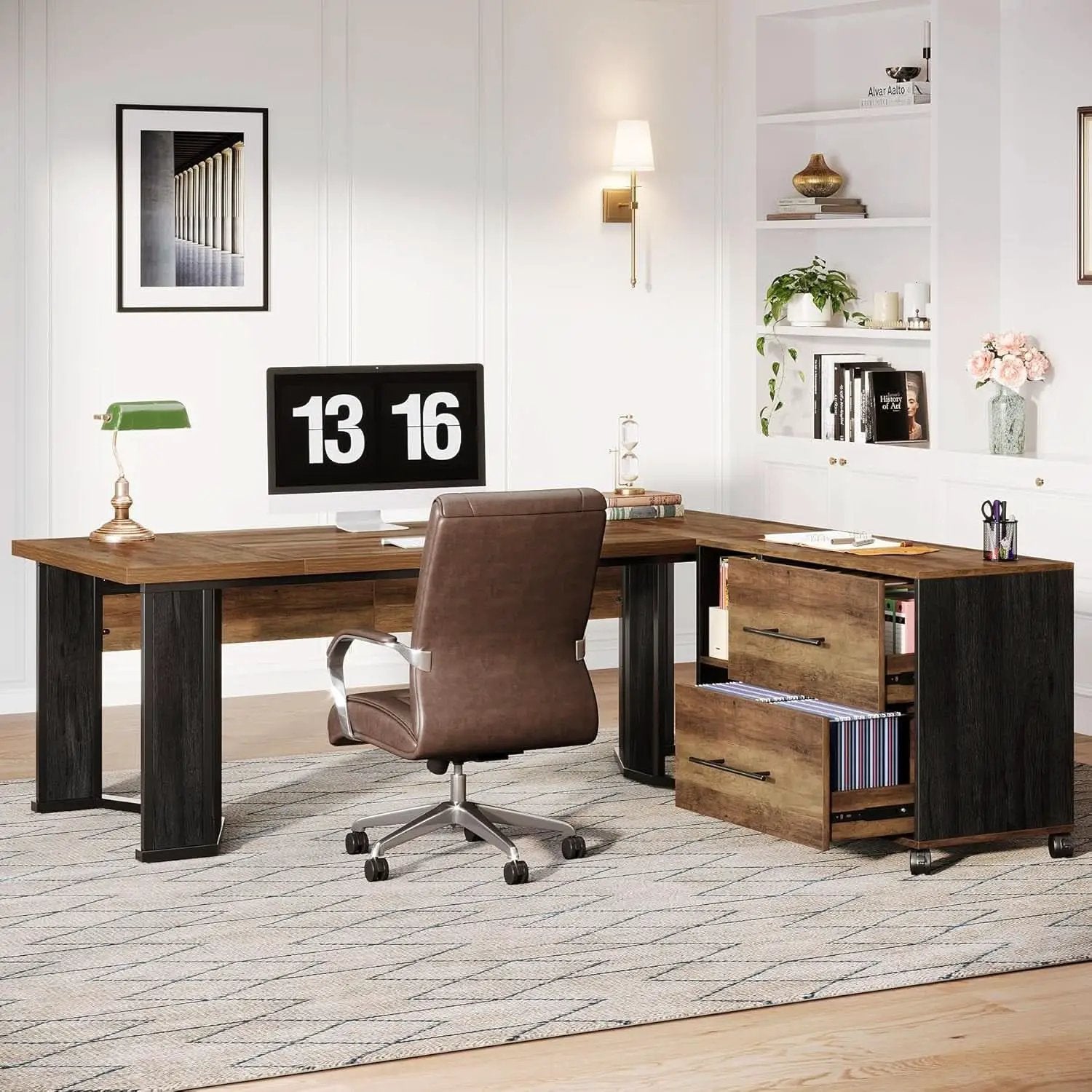 Large L Shaped Executive Desk with Mobile File Cabinet from PriceLows™