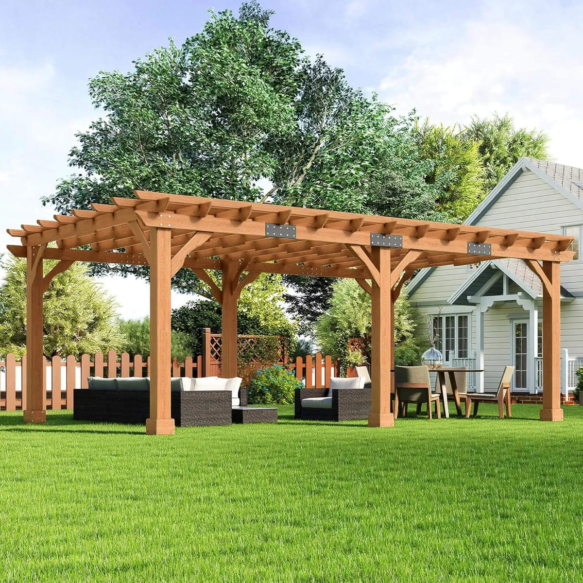 Large Outdoor Cedar Wood Pergola Kit With Slatted Roof | Metal | Outdoor Living Use | Outdoor Living