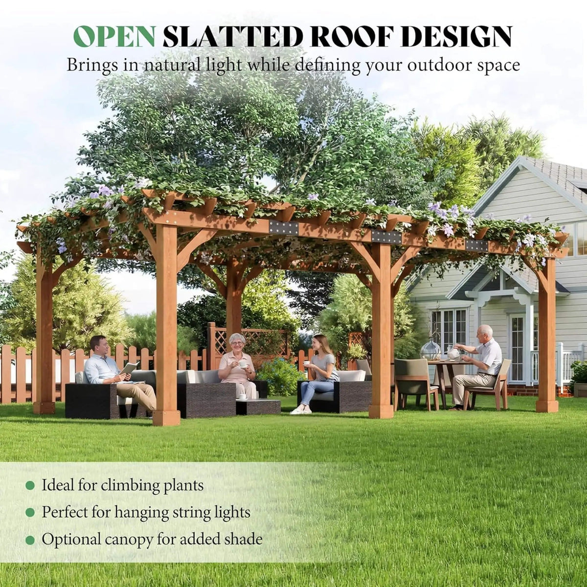Large Outdoor Cedar Wood Pergola Kit With Slatted Roof | Metal | Outdoor Living Use | Outdoor Living