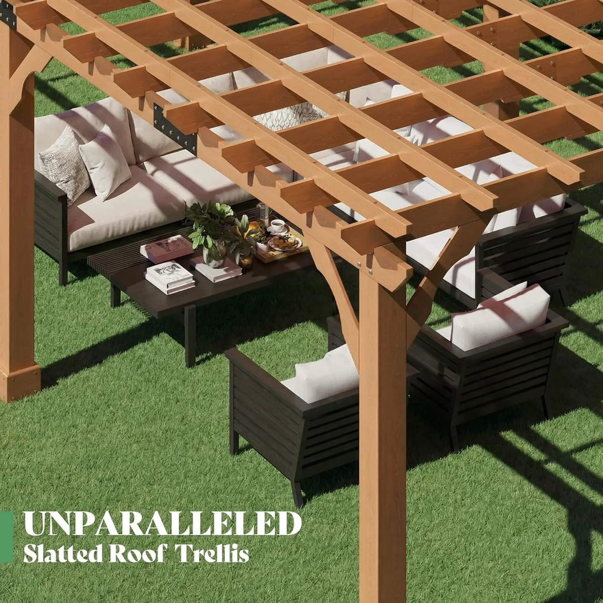 Large Outdoor Cedar Wood Pergola Kit With Slatted Roof | Metal | Outdoor Living Use | Outdoor Living