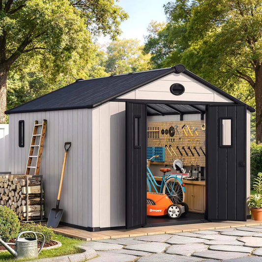 Large Outdoor Resin Storage Shed With Floor, Windows, Lockable Doors, Vents | Wood | Outdoor Living Use | Outdoor Living