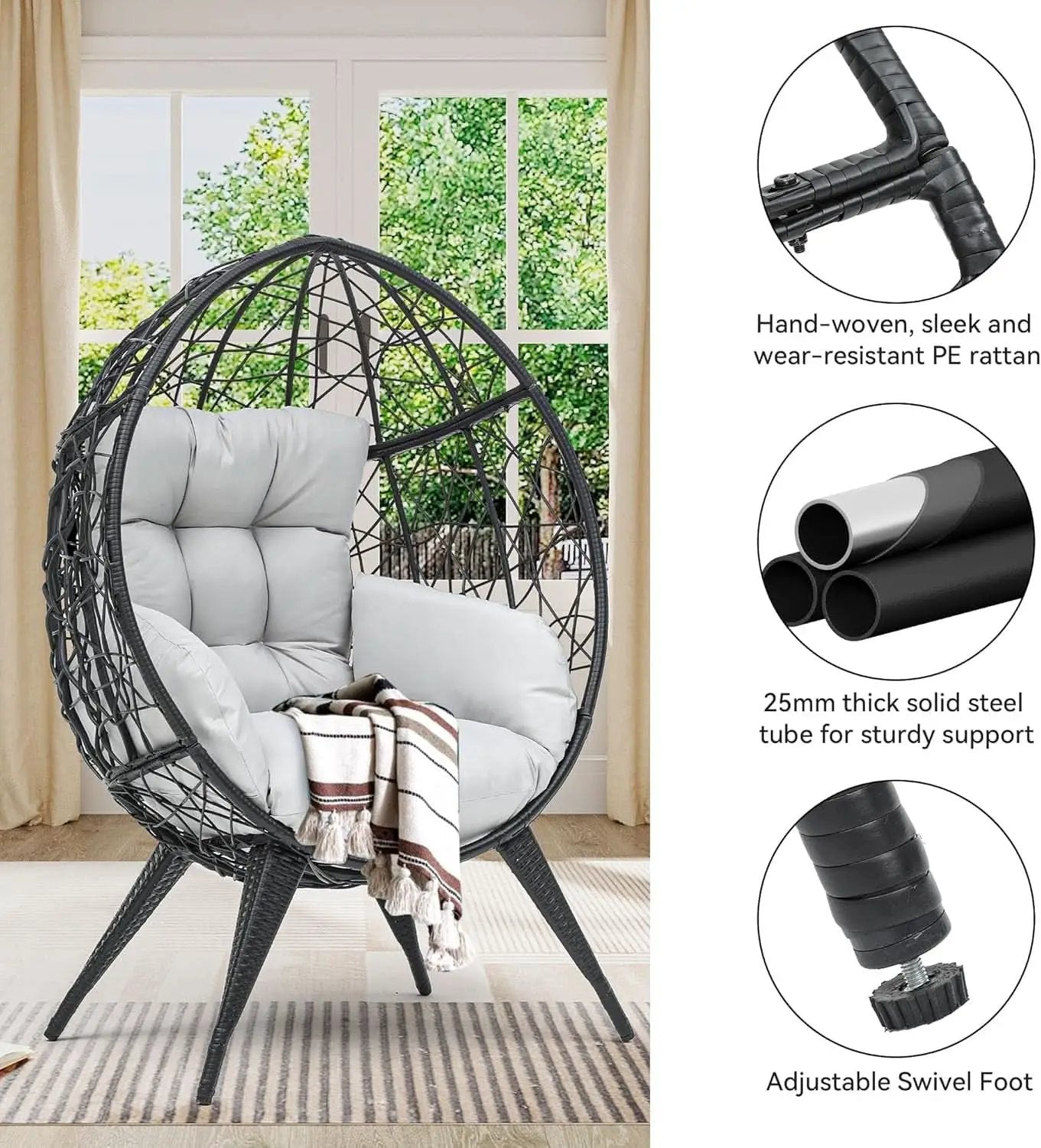 Large Wicker Egg Chair With Stand Outdoor Gray Cushion from PriceLows™