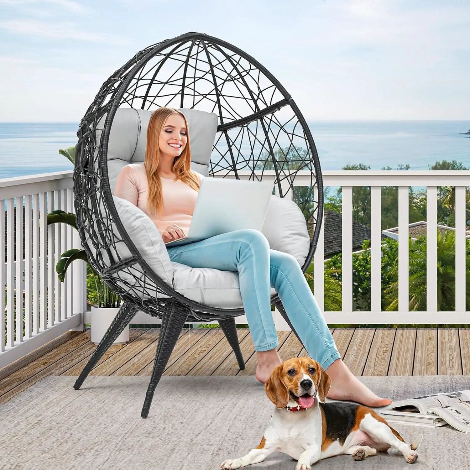 Large Wicker Egg Chair With Stand Outdoor Gray Cushion from PriceLows™