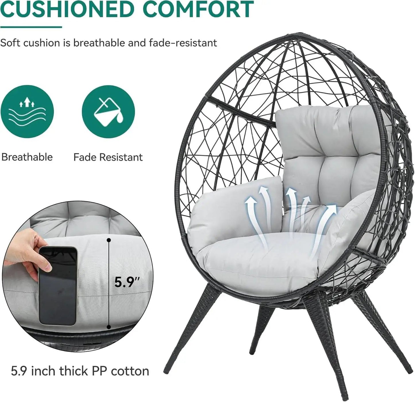 Large Wicker Egg Chair With Stand Outdoor Gray Cushion from PriceLows™