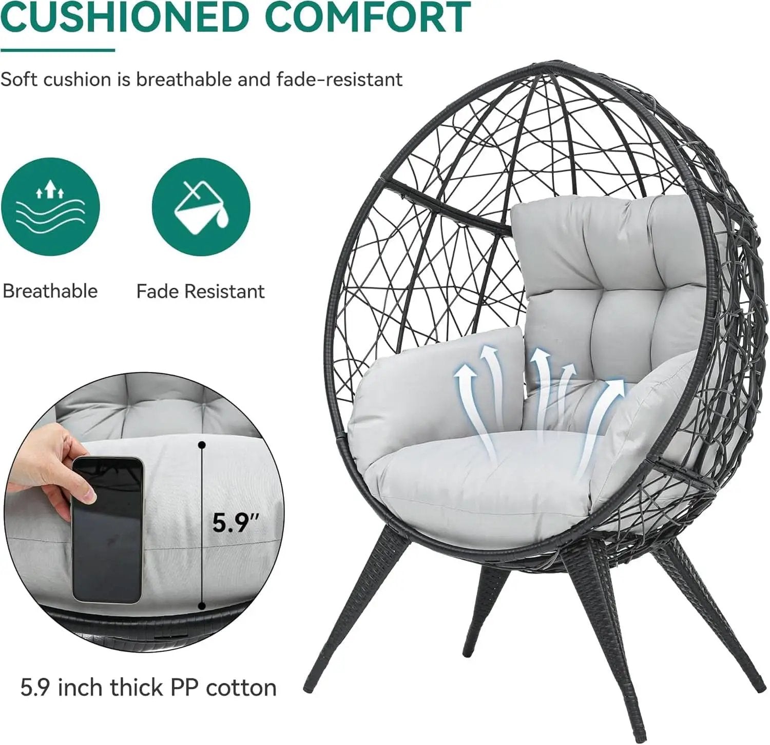Large Wicker Egg Chair With Stand Outdoor Gray Cushion from PriceLows™