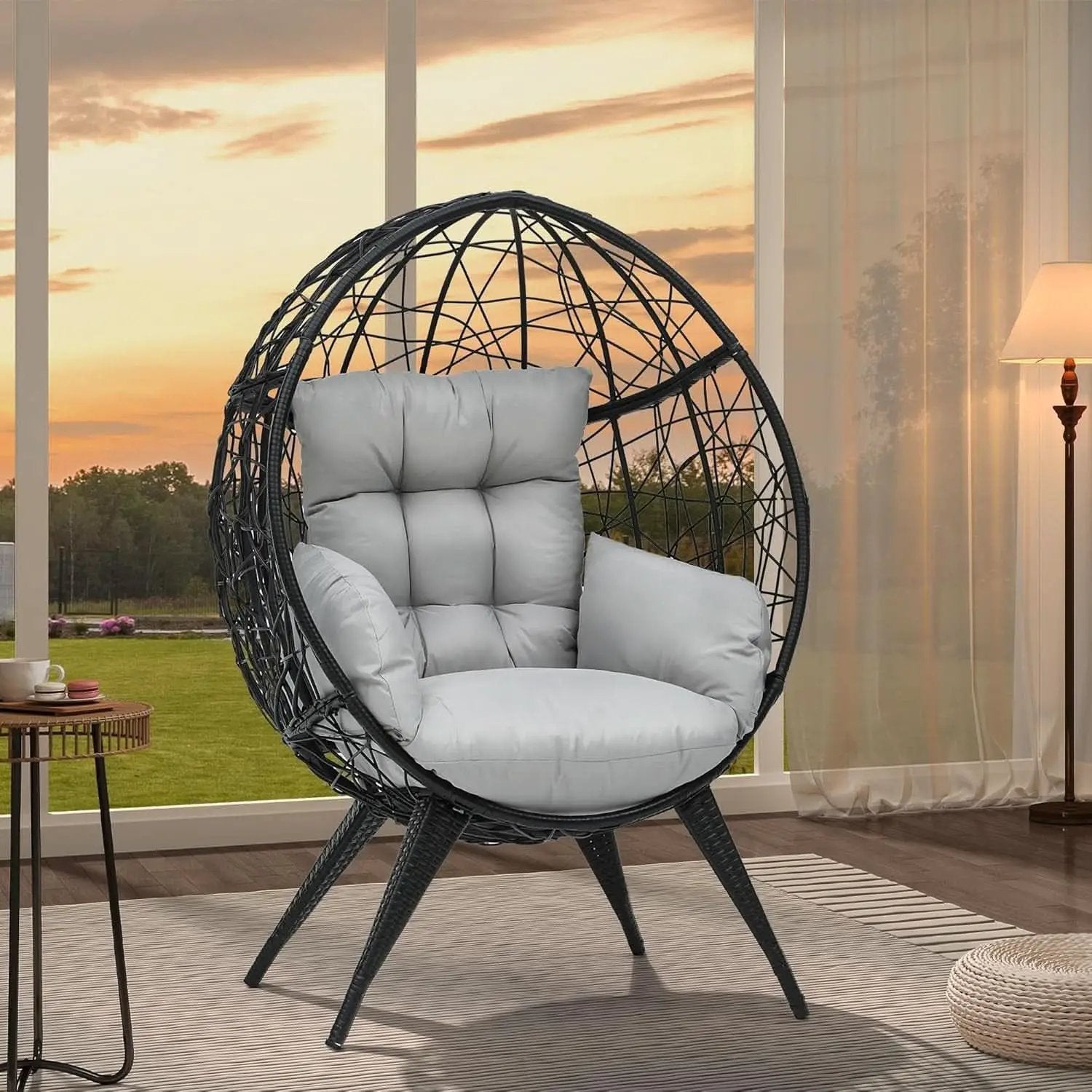 Large Wicker Egg Chair With Stand Outdoor Gray Cushion from PriceLows™