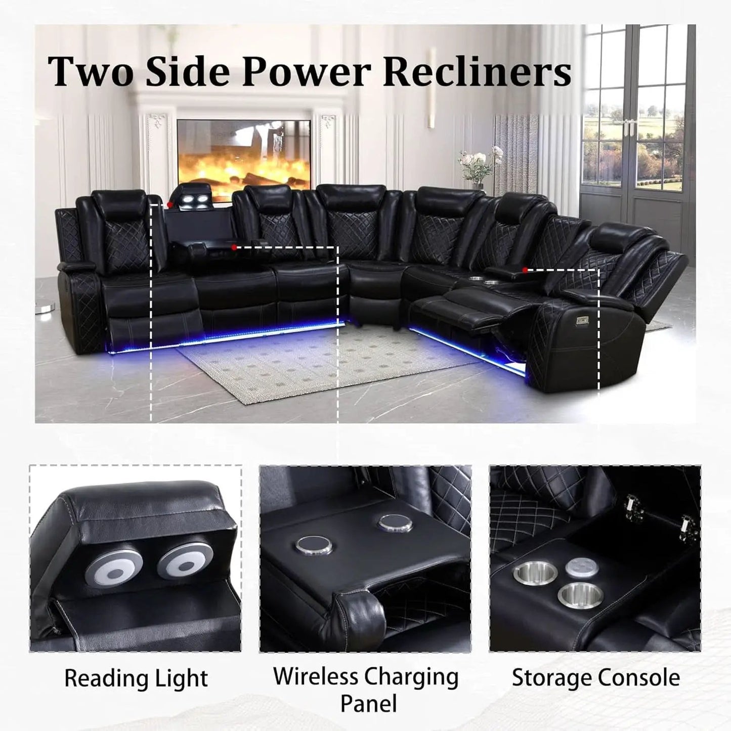 Leather Power Recliner Sectional Sofa with USB Charging from PriceLows™