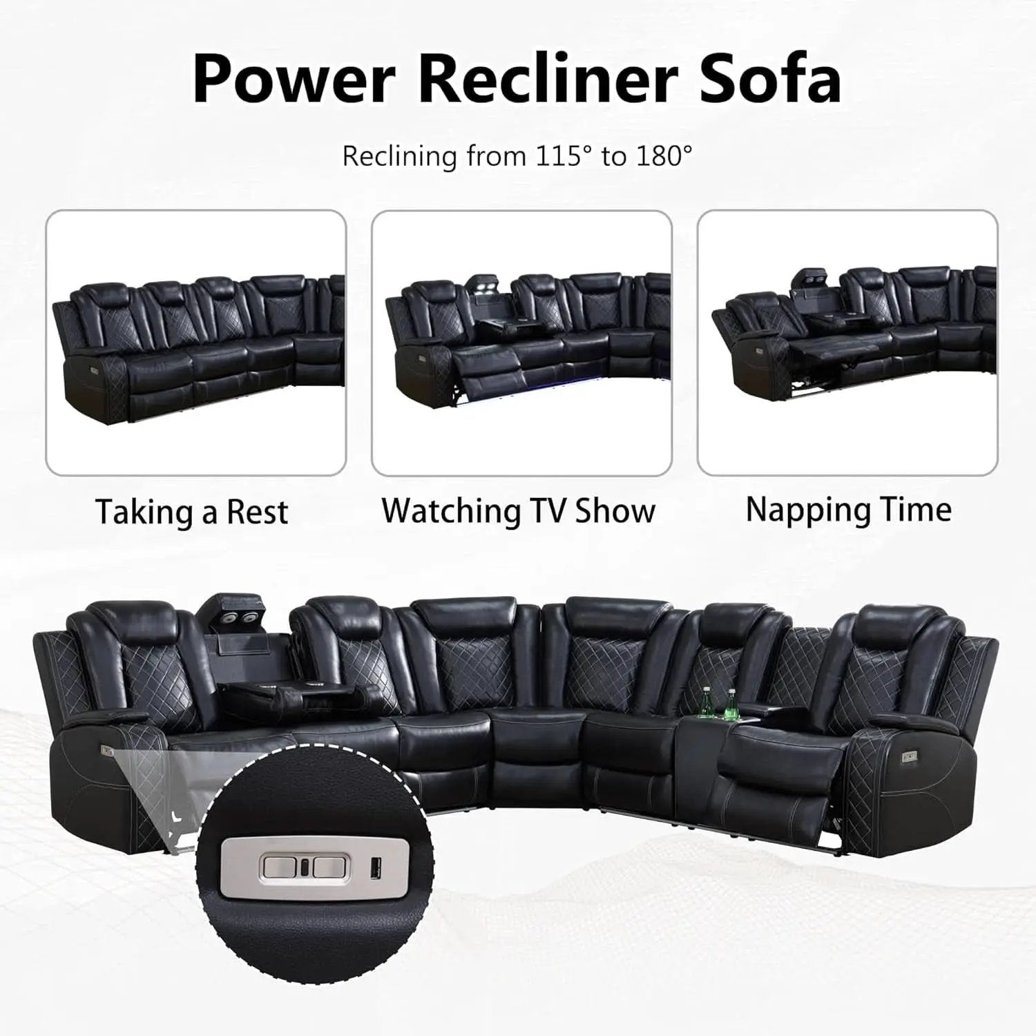 Leather Power Recliner Sectional Sofa with USB Charging from PriceLows™