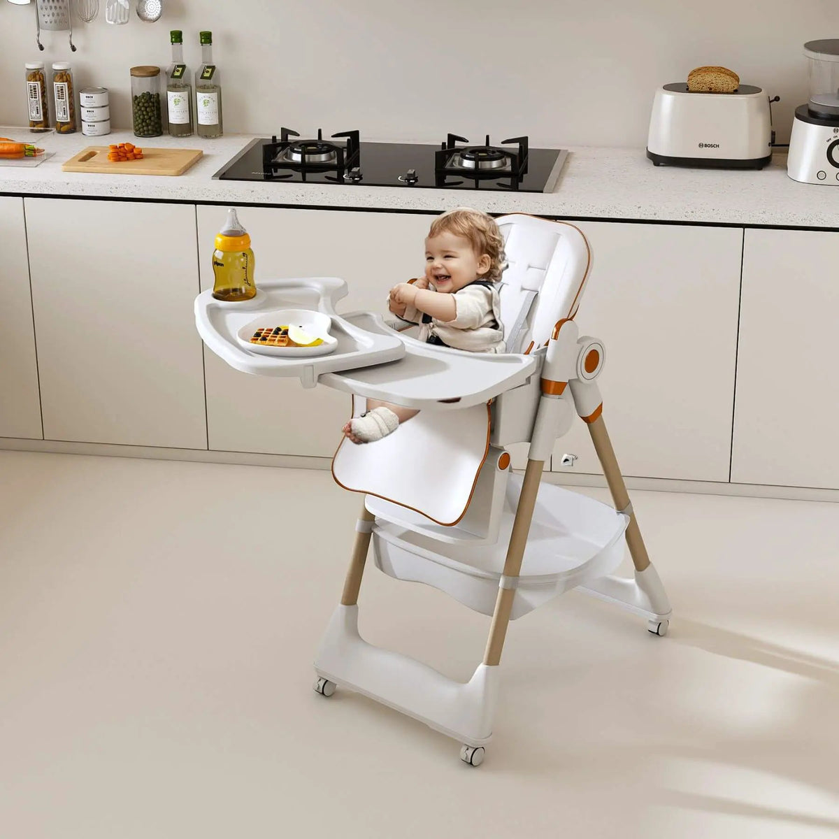 Baby High Chair | 5 Height Settings | Dual Layer Tray | White