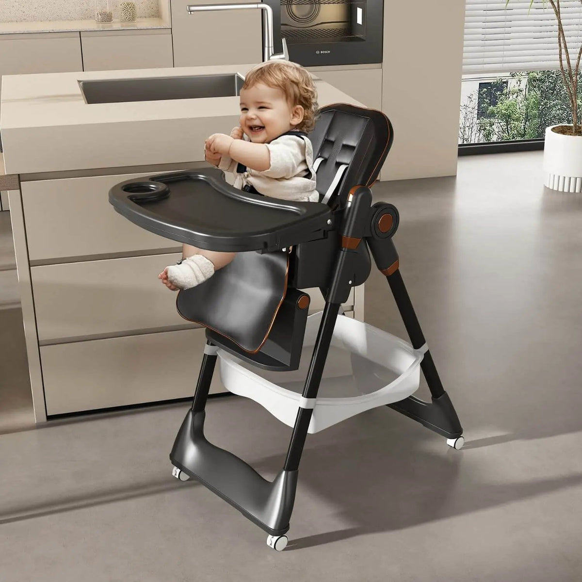 Baby High Chair | Adjustable 5 Height | Dual Layer Tray | Black 0 6 Years