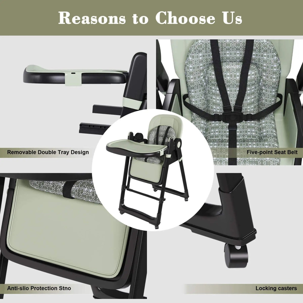 Adjustable Baby High Chair | 5 Height Settings | Dual Layer Tray | Dark Green