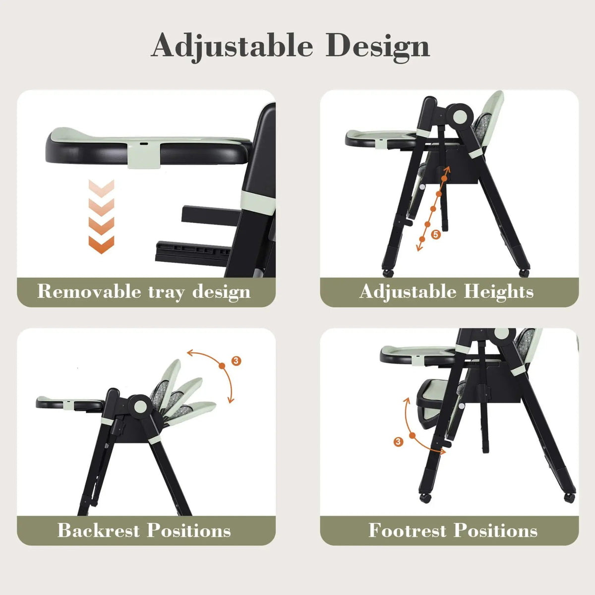 Adjustable Baby High Chair | 5 Height Settings | Dual Layer Tray | Dark Green