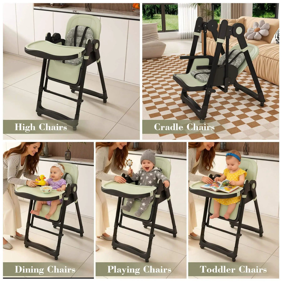 Adjustable Baby High Chair | 5 Height Settings | Dual Layer Tray | Dark Green