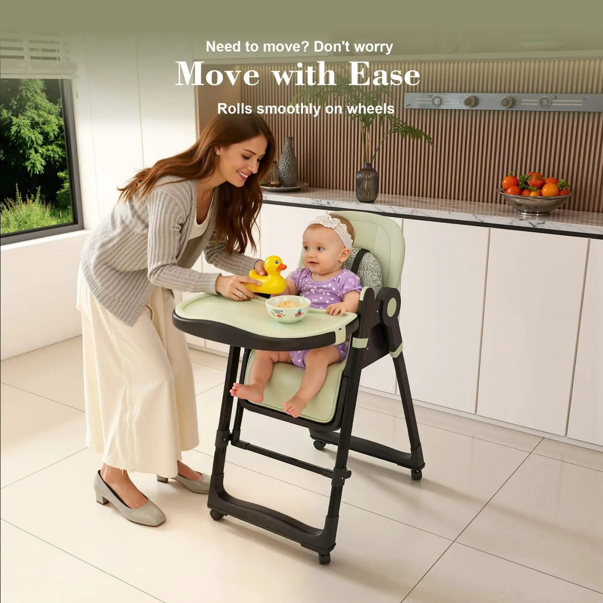 Adjustable Baby High Chair | 5 Height Settings | Dual Layer Tray | Dark Green