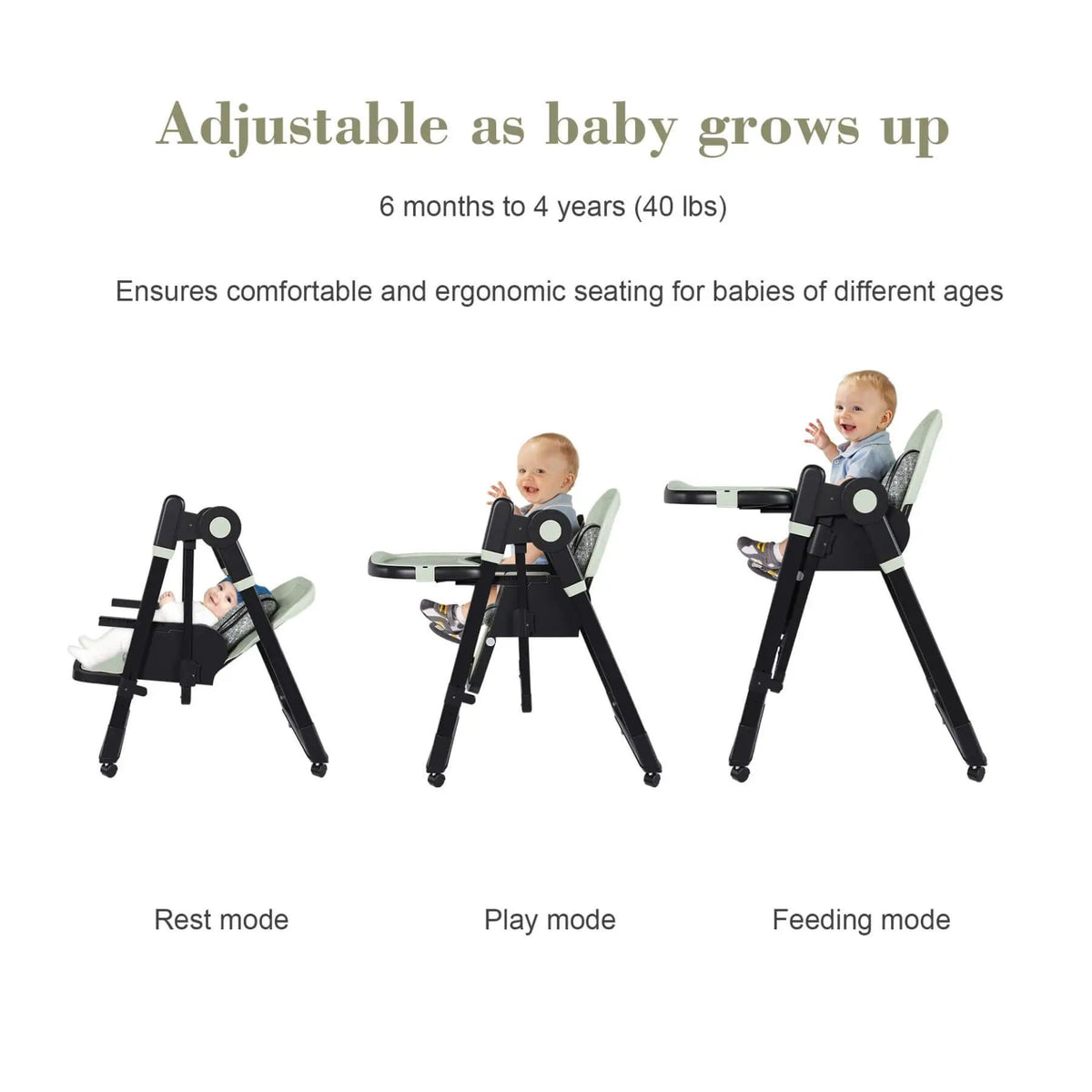 Adjustable Baby High Chair | 5 Height Settings | Dual Layer Tray | Dark Green