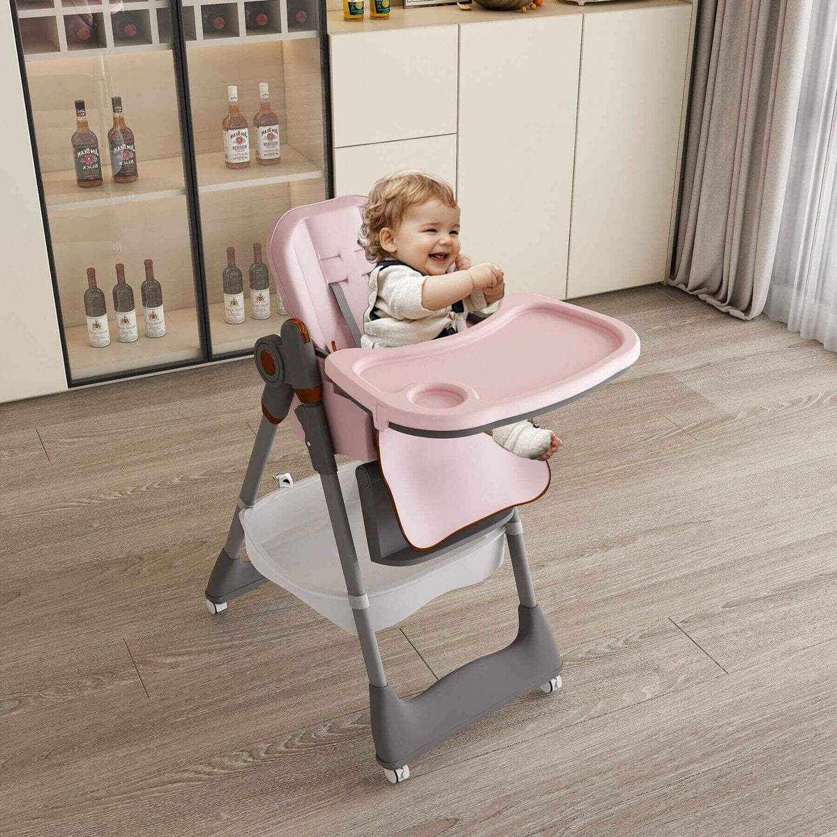 Adjustable Baby High Chair | 5 Height Settings | Detachable Tray | Pink