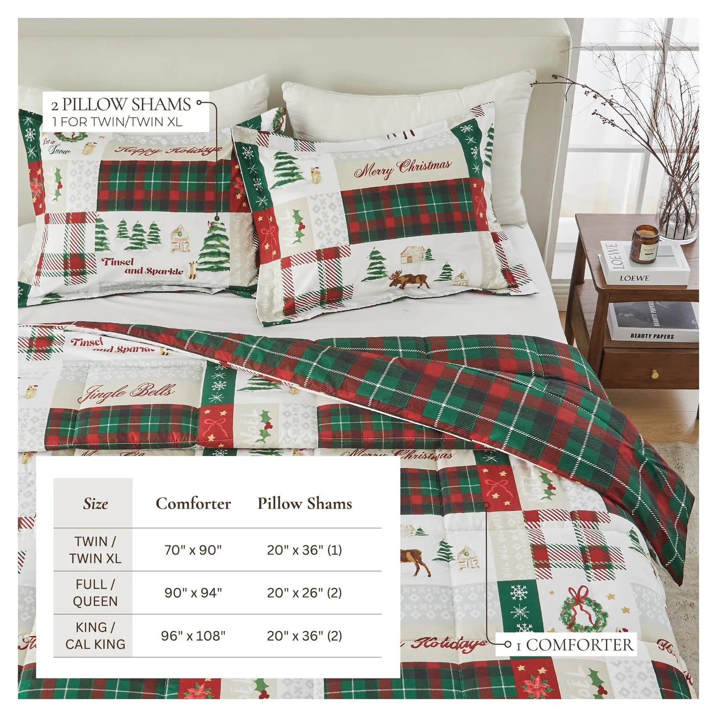 Reversible Christmas Comforter and Sham Set - Holiday / Lodge Odette Collection from PriceLows™
