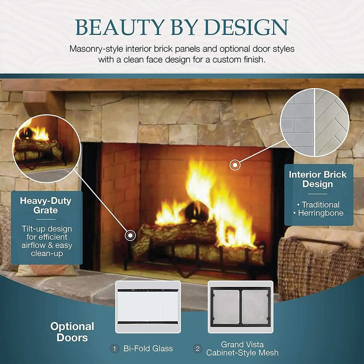 Majestic Biltmore Radiant 36-Inch Open Wood Burning Fireplace | 36 Inch | Glass | Living Room