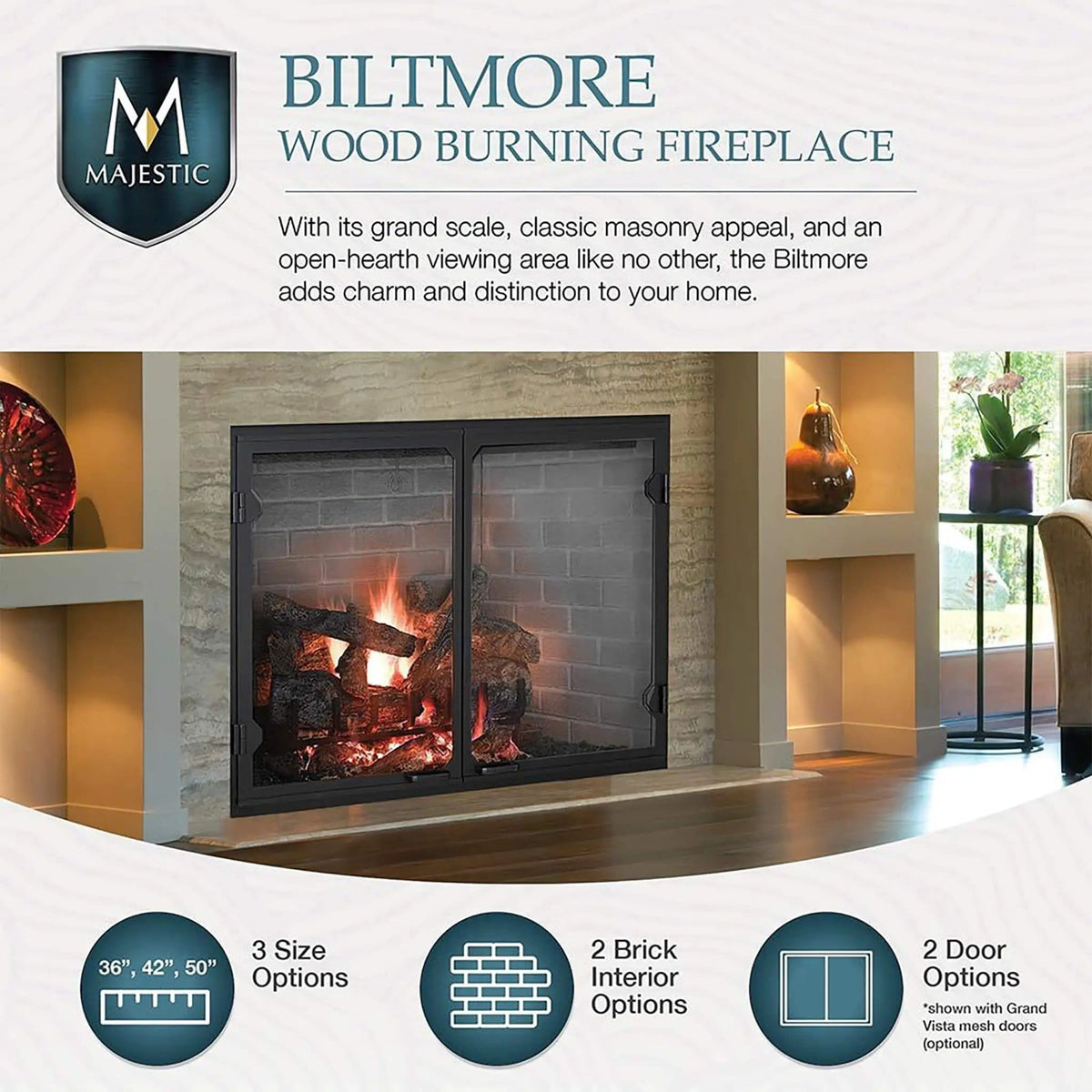 Majestic Biltmore Radiant 36-Inch Open Wood Burning Fireplace | 36 Inch | Glass | Living Room