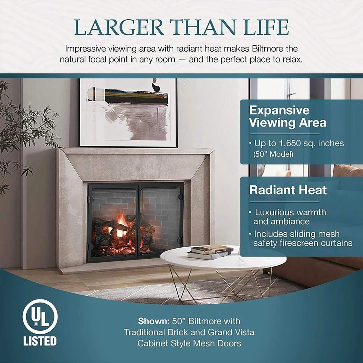 Majestic Biltmore Radiant 36-Inch Open Wood Burning Fireplace | 36 Inch | Glass | Living Room