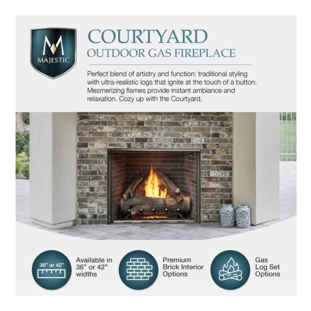 Majestic Courtyard 55K BTU 42 Inch Traditional Outdoor Gas Fireplace With Stacked | 42 Inch | Concrete | Natural Gas Fireplace