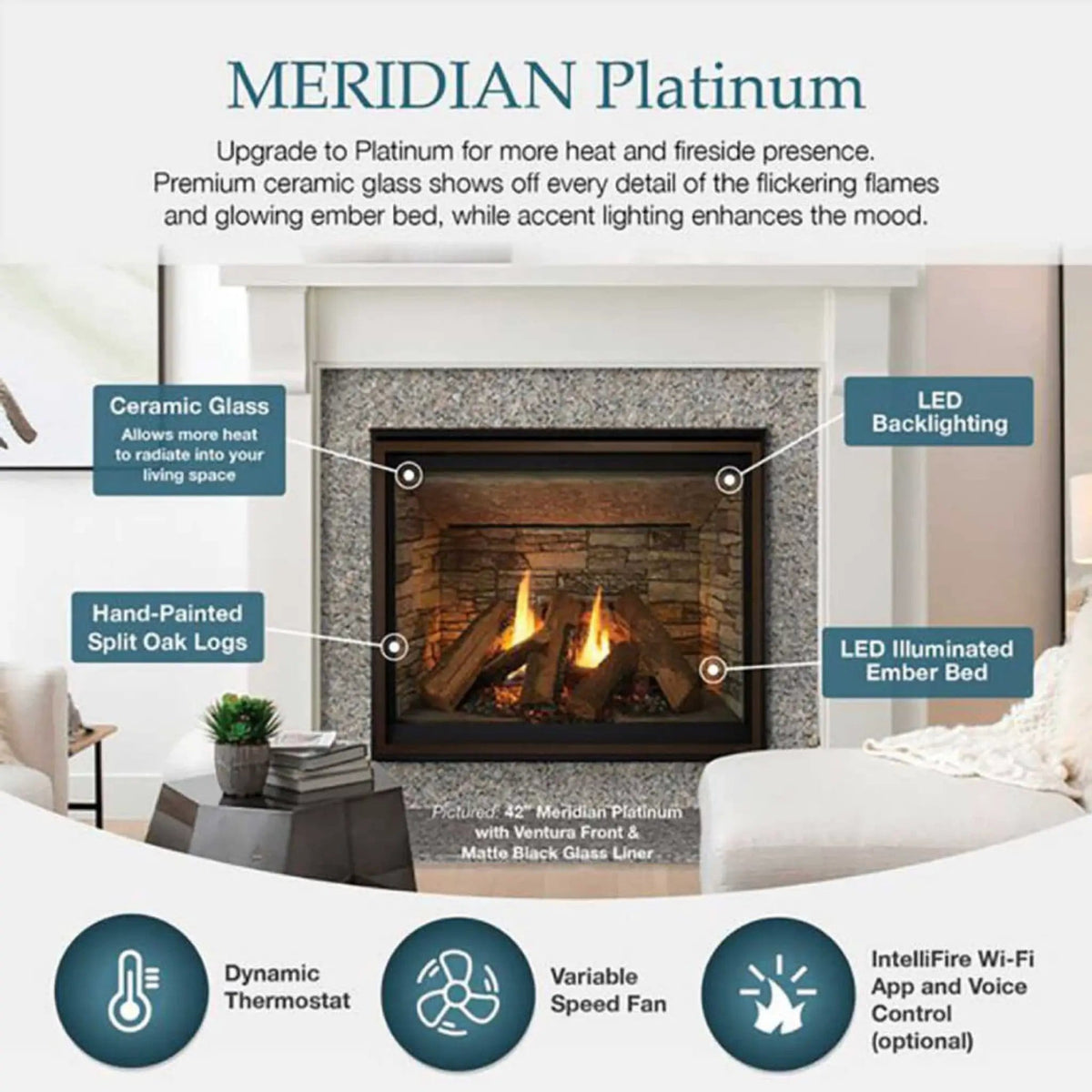 Majestic Meridian 36-Inch Platinum Natural Gas Fireplace | 36 Inch | Ceramic | Living Room