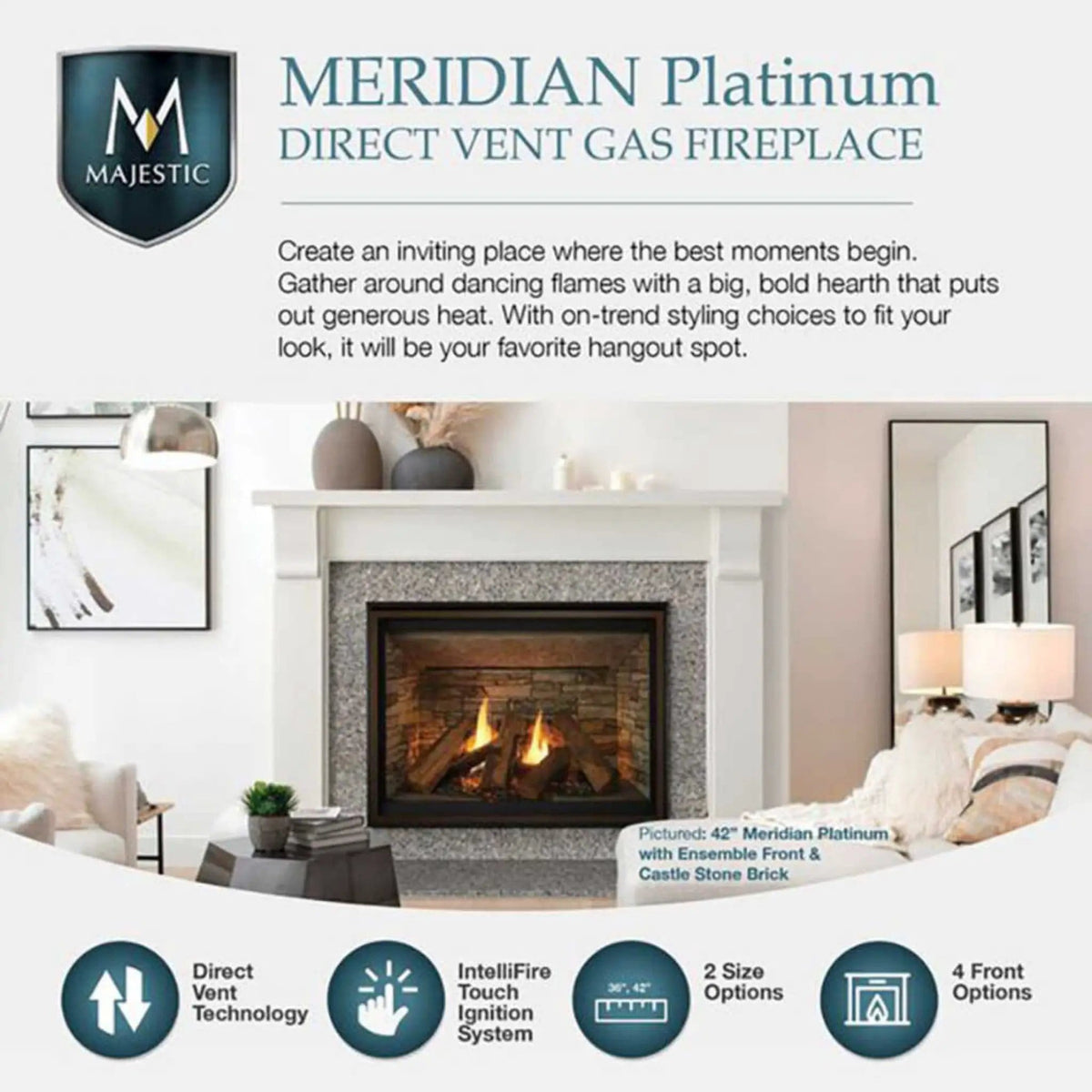 Majestic Meridian 36-Inch Platinum Natural Gas Fireplace | 36 Inch | Ceramic | Living Room
